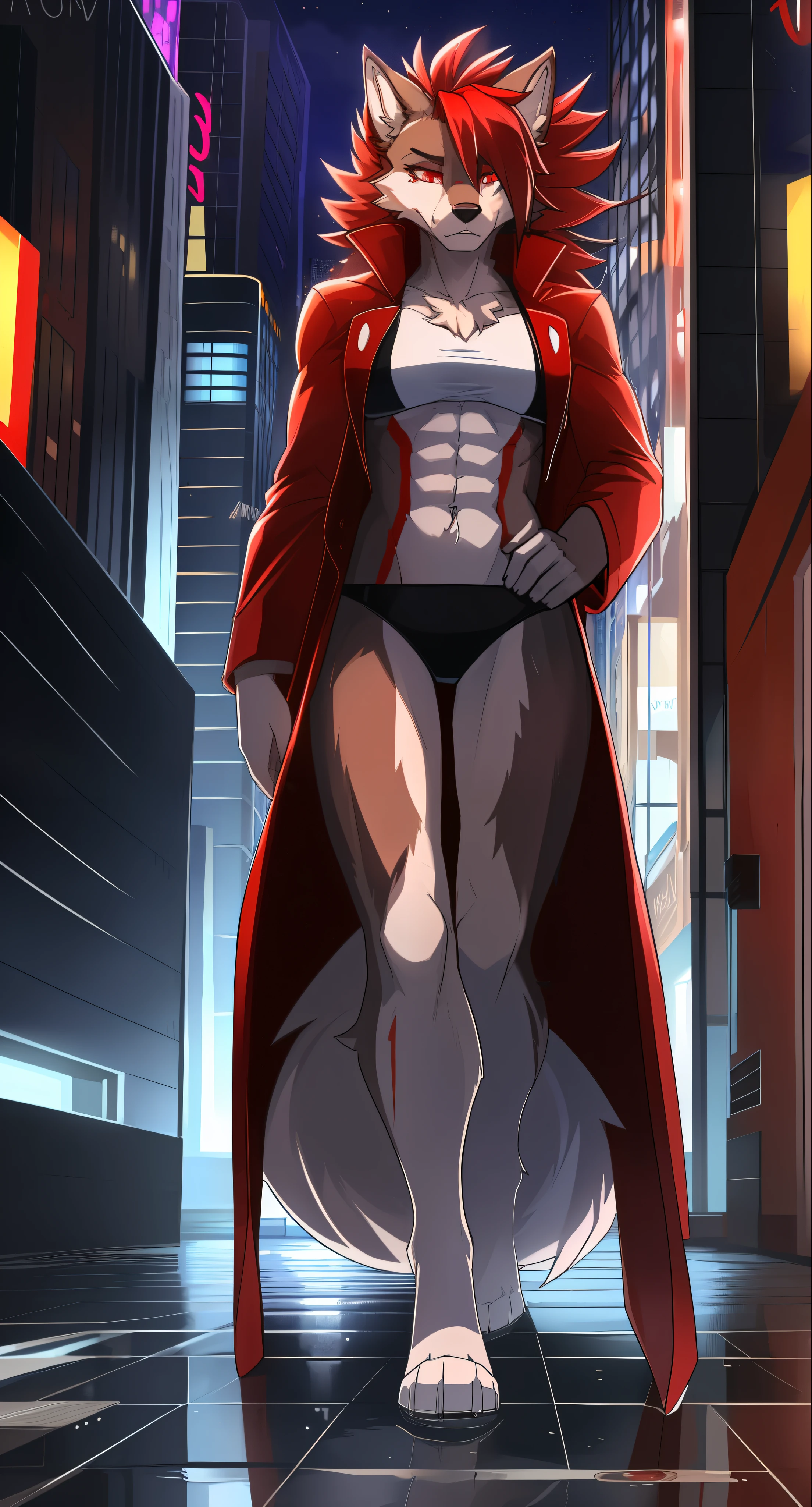 Solo, female, standing, furry wolf (_anthropomorphic_, _snout_), (_messy_, _bedhead_ hair), (_muscular_, _athletic_ build), (_better detailing_, _high quality_ fur), (_bright red_), (_expressive_, _fierce_), eyes, (_colorful spots_ adorning the coat), (_wet streets_ reflecting the city lights), (_dynamic framing_ capturing the wolf's movements), (_detailed_ wolf head as the focal point), (_bright focus_ on the wolf's intense, _bright red eyes_), (_urban environment_ filled with _tall buildings_