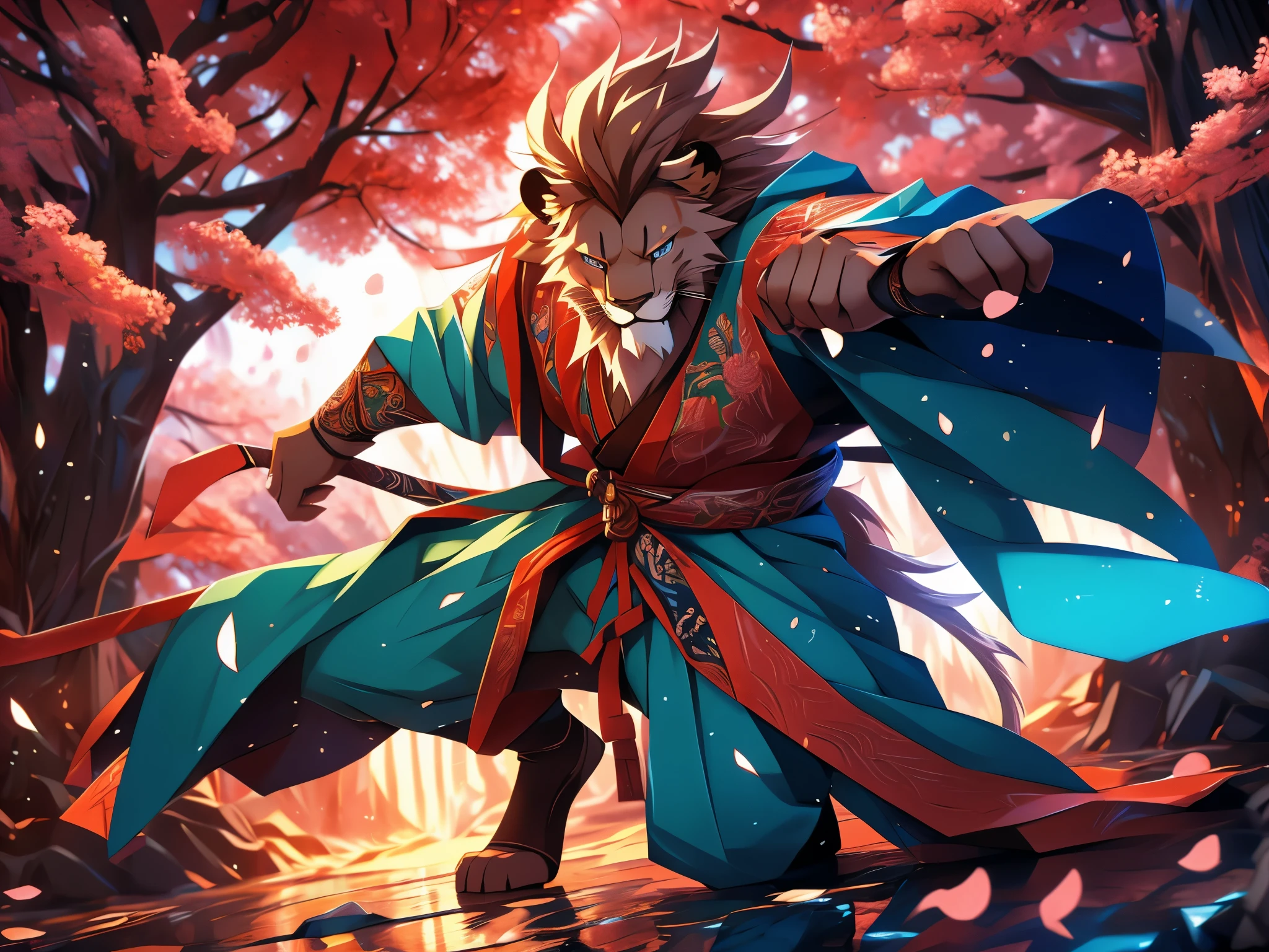 furry, male, anthro, (Lion Tail), Solo, (Realistic eye details:1.2), (beautiful detailed eyes), anime character there is a Lion man with samurai outfit in forest, sakura tree, onmyoji detailed art, onmyoji, anthropomorphic ninja, epic warrrior, style of duelyst, 2. 5 d cgi anime fantasy artwork, cool pose, killing intent, authoritative, elegant pose, full body like, slim body, in a panoramic view, good looking, splash art, anime style, 8k, 4k anime wallpaper, anime art wallpaper 8 k, 2 d art, 2d art, badass anime 8 k, anime art wallpaper 4k, detail art