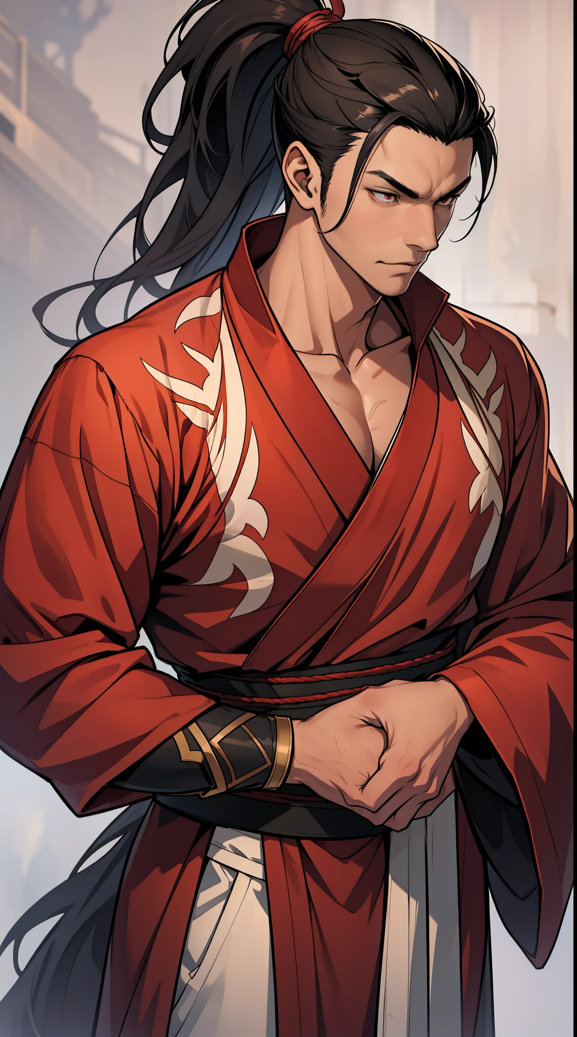 two-dimensional,anime style,one person(male warrior),Correct proportions,facial details,swordsman,High ponytail hairstyle,neck details,There is an Adam'apple,red robe,joke,red robe,clothing details,transfer,long sleeve,Game quality,fencing,Ray tracing,Ray tracing,Delicate glow,CG rendering,Hair details,long black hair,Red eyes,Handsome,Handsome,(feeling of youth),Costumes are complicated,perfect composition,refine,high quality,More details,complex background,a sense of atmosphere,