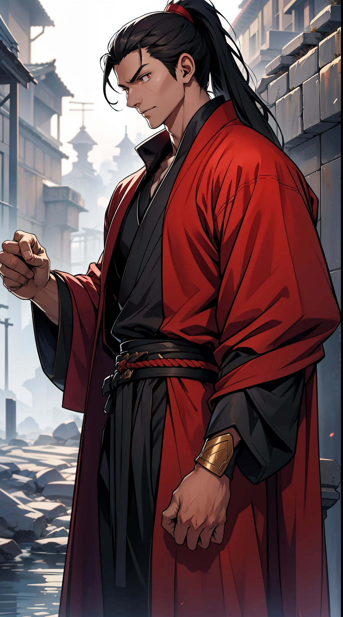 two-dimensional,anime style,one person(male warrior),Correct proportions,facial details,swordsman,High ponytail hairstyle,neck details,There is an Adam'apple,red robe,joke,red robe,clothing details,transfer,long sleeve,Game quality,fencing,Ray tracing,Ray tracing,Delicate glow,CG rendering,Hair details,long black hair,Red eyes,Handsome,Handsome,(feeling of youth),Costumes are complicated,perfect composition,refine,high quality,More details,complex background,a sense of atmosphere,