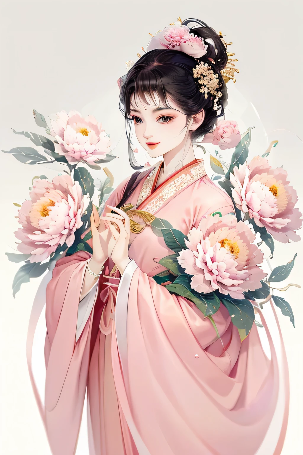 A cheerful elegant 16 years old beauty, smart and confident, dignified and courteous, wearing pastel pink ancient Chinese clothing, hiding hands in sleeves, lazy pose flowing tulle, light bright color silk, big peony leaf, peony flower, ink painting style, clean color, decisive cut, blank space, masterpiece, super detailed , epic composition, bright background