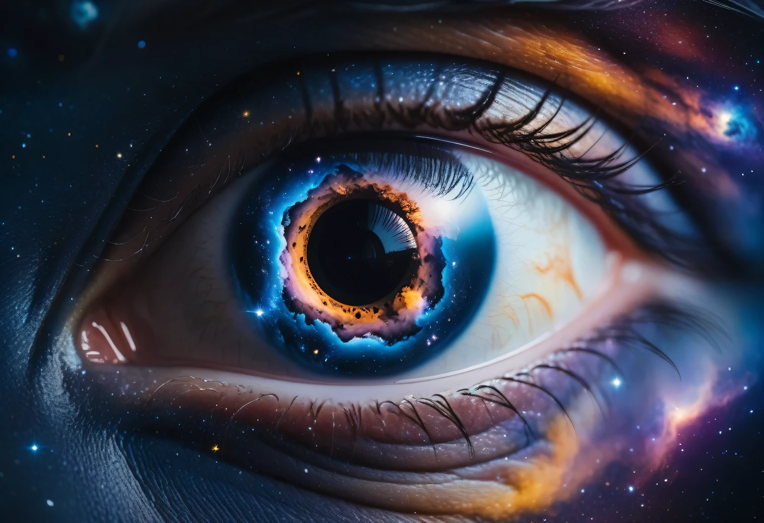 Close-up, double exposure photograph made by Canon EOS 5D Mark IV with Canon EF 300mm f/2.8L IS II USM lens, planet earth against the background of outer space with galaxies and nebulae, the human eye with a colored iris is clearly inscribed into the contours of the planet, digital image processing, retouching, smoothing transitions between exposures, (double exposure):1.3225