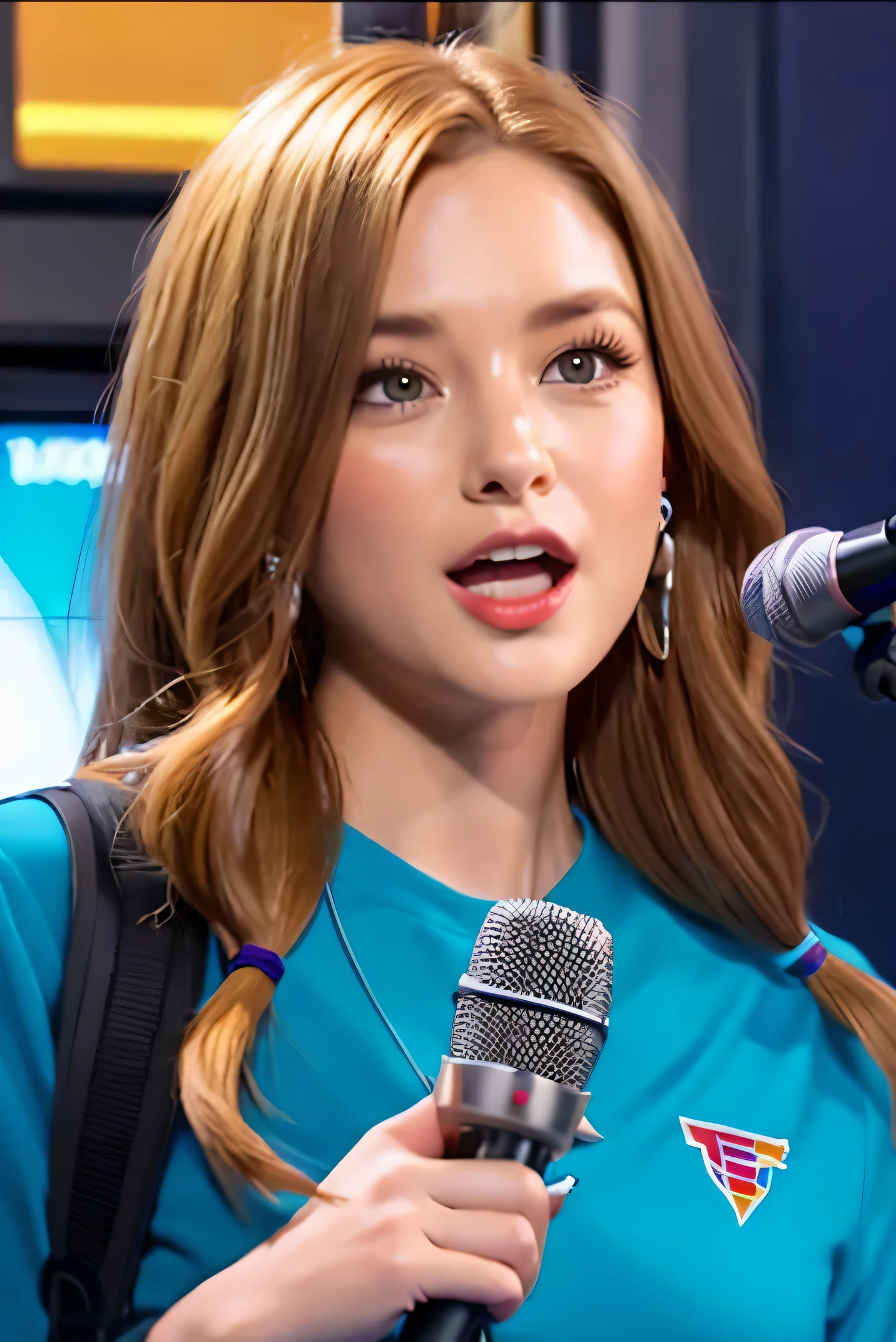 create a young redhead facing the cameras reporter with a microphone in her hand inside a television studium tv