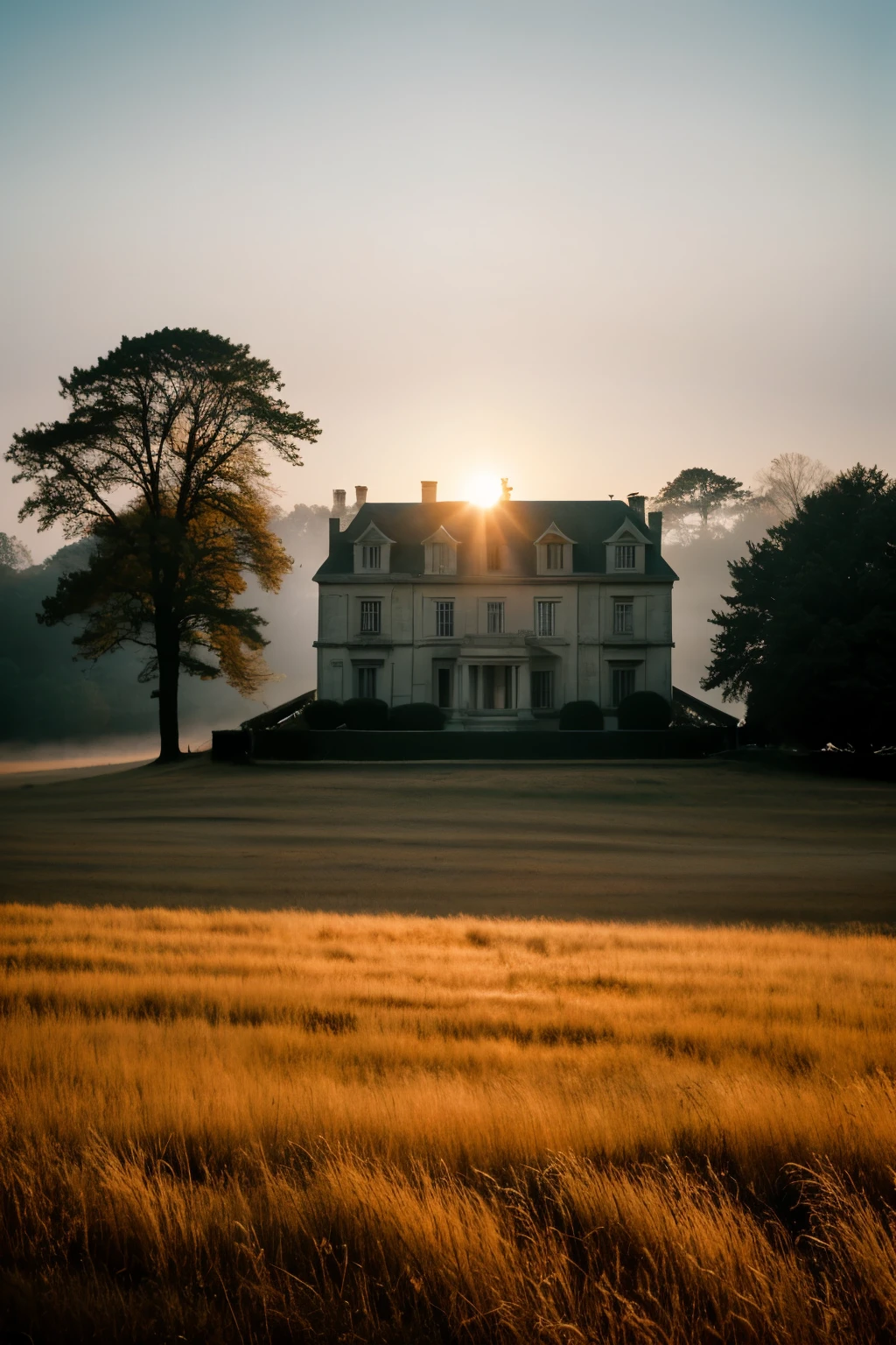 Utilizing a full-frame DSLR camera equipped with a wide-angle lens, meticulously compose a hyper-realistic image of a dilapidated mansion atop a hill during the golden hour. Employ the lens's expansive field of view to capture the sprawling estate shrouded in fog, while leveraging the camera's dynamic range to retain detail in both highlights and shadows. Ensure precise control over exposure and white balance to convey the hauntingly beautiful atmosphere of the scene.