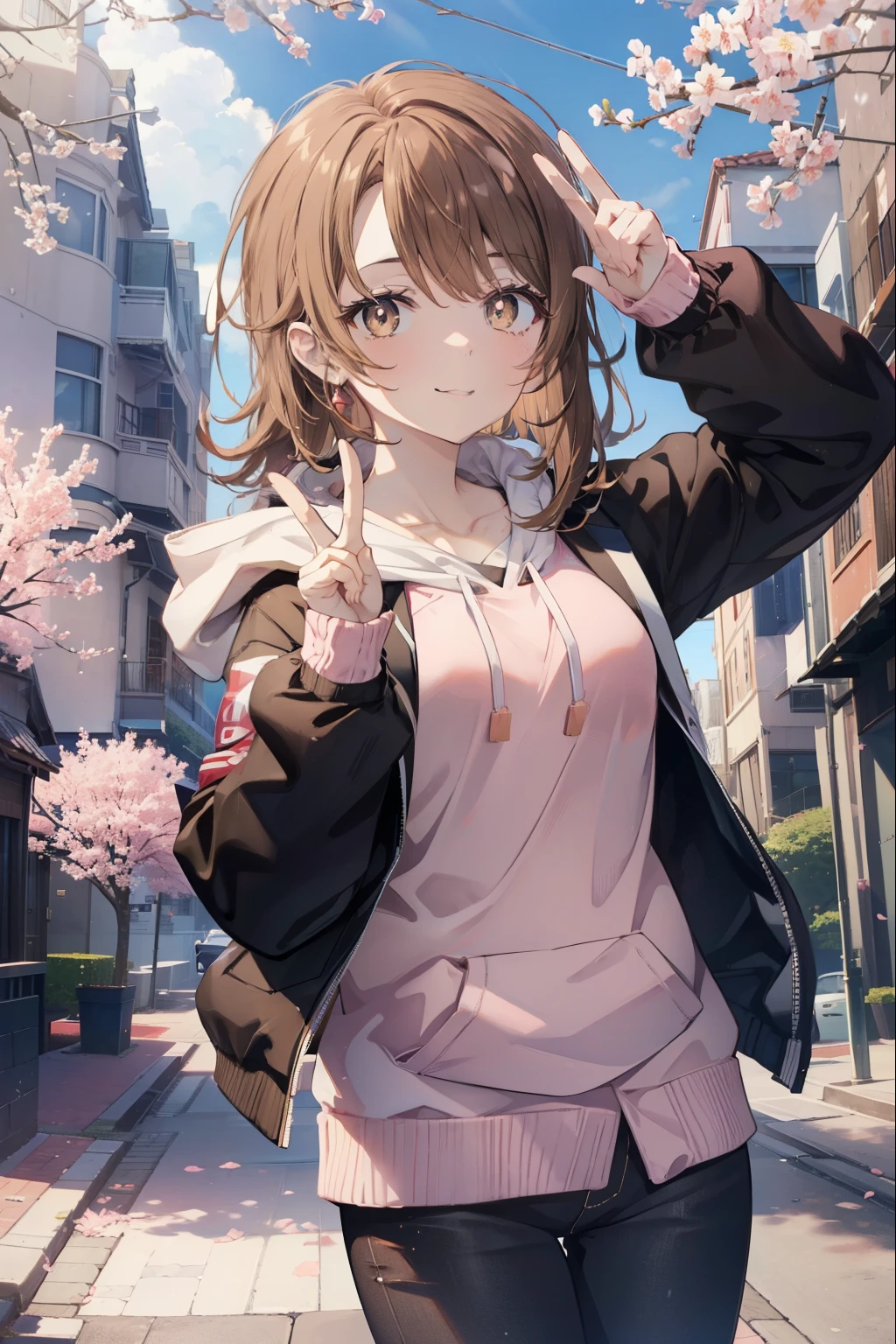 irohaisshiki, iroha isshiki, long hair, brown hair, (brown eyes:1.5), happy smile, smile, open your mouth,Put your hand over your mouth and make a peace sign, 1 girl,towards the camera,pink hoodie,short denim pants,black tights,short boots,independent'with your back to the wall、The cherry blossoms have bloomed,Cherry blossoms are scattered,
break indoors, Cherry blossom tree-lined path,
break looking at viewer,Upper body,
break (masterpiece:1.2), highest quality, High resolution, unity 8k wallpaper, (shape:0.8), (fine and beautiful eyes:1.6), highly detailed face, perfect lighting, Very detailed CG, (perfect hands, perfect anatomy),