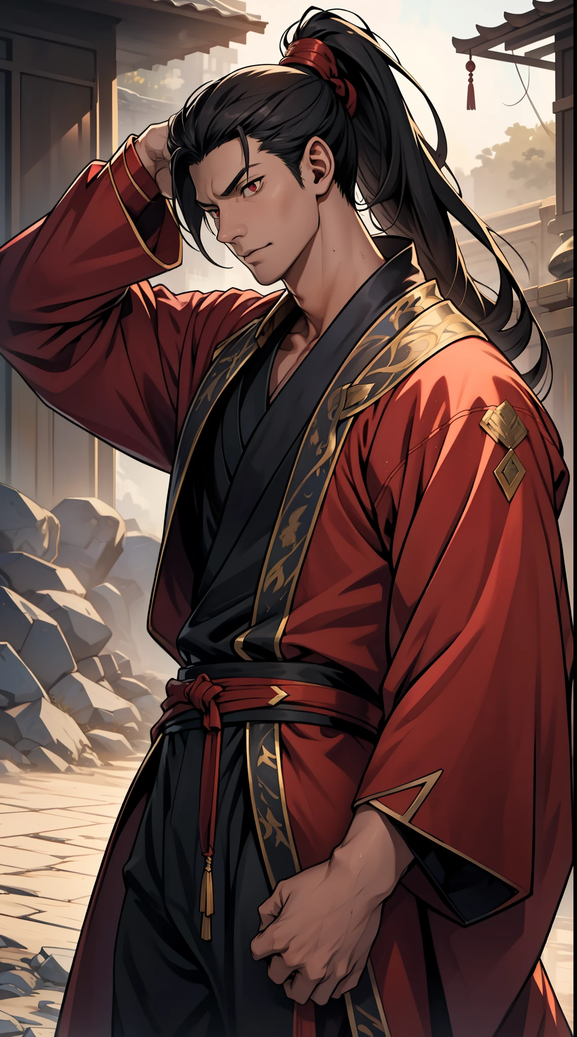 two-dimensional，anime style，one person（male warrior），Correct proportions，facial details，swordsman，High ponytail hairstyle，neck details，There is an Adam&#39;apple，red robe，joke，red robe，clothing details，transfer，long sleeve，Game quality，fencing，Ray tracing，Ray tracing，Delicate glow，CG rendering，Hair details，long black hair，Red eyes，Handsome，Handsome，（feeling of youth），Costumes are complicated，perfect composition，refine，high quality，More details，complex background，a sense of atmosphere，