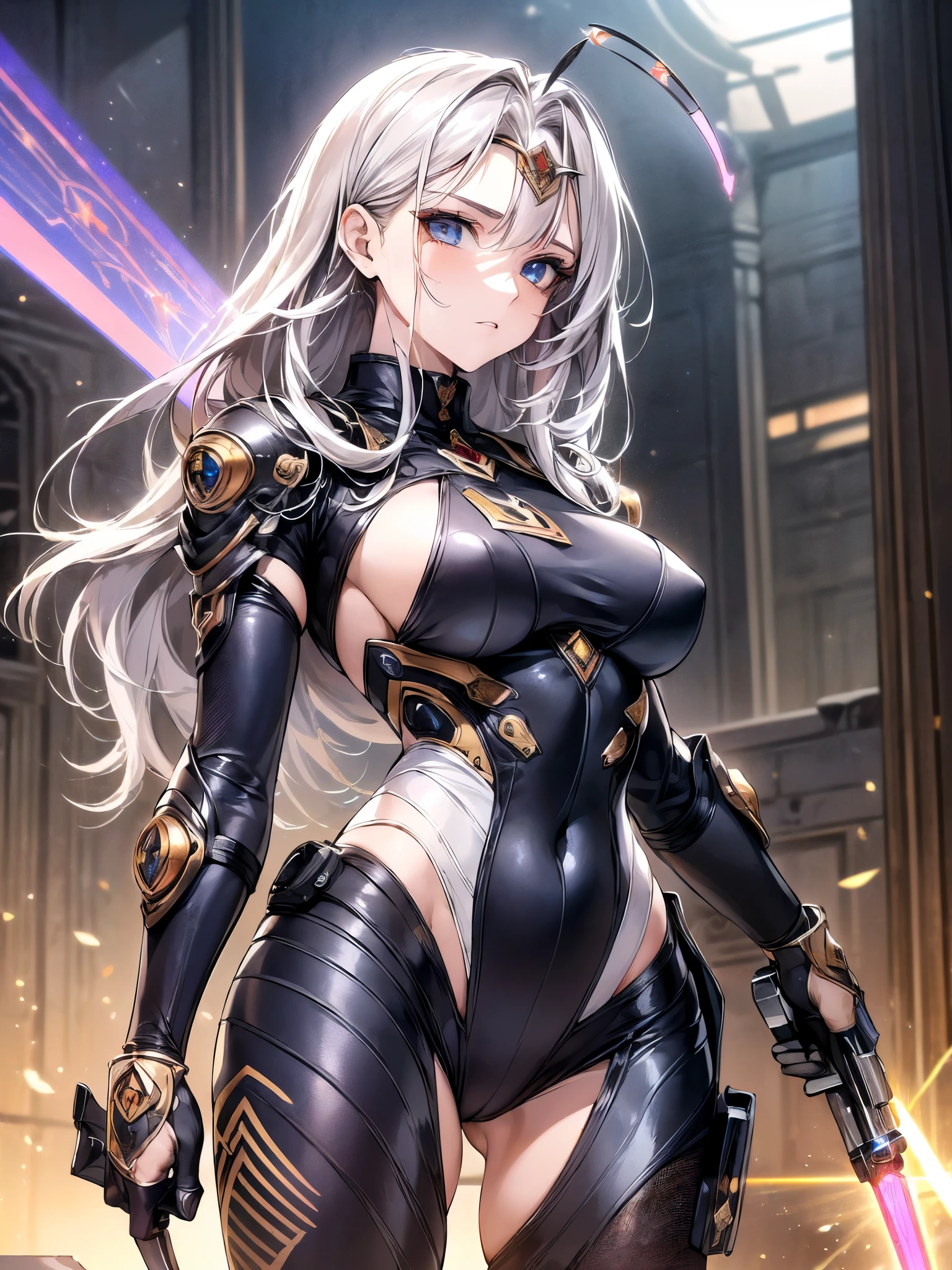 ((highest quality)),(ultra high resolution),(Super detailed),(detailed description),((best CG)),(best work of art),super precision art,amazing drawing art,(Sci-fi art with precise details:1.5), (woman:1.7),(beautiful and well-shaped face:1.7),((A detailed and detailed combat suit:1.6))Harness:1.4,,((Holds a sickle-shaped laser blade in both hands.:1.8)),income