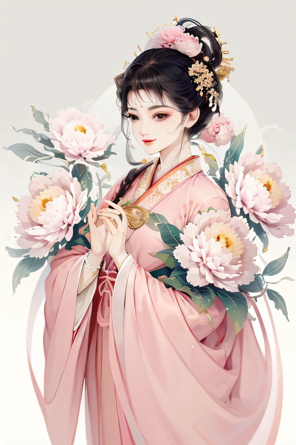 A cheerful elegant 16 years old beauty, smart and confident, dignified and courteous, wearing pastel pink ancient Chinese clothing, hiding hands in sleeves, lazy pose flowing tulle, light bright color silk, big peony leaf, peony flower, ink painting style, clean color, decisive cut, blank space, masterpiece, super detailed , epic composition, bright background