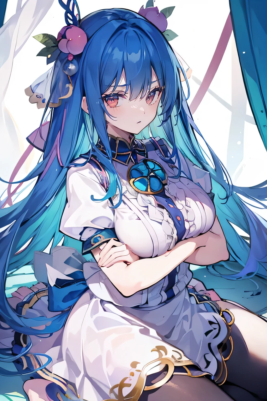 (masterpiece),best quality, expressive eyes, perfect face,sit, sit on ground, Legs on the ground, 1girl,
Big breasts, H cup, Good breasts, crossed arms, fair, Gorgeous,Japanese cartoons,girl,lola,Hina Angel, blue hair, blue haired,tent , tent chest, tent breast, floating clothes
