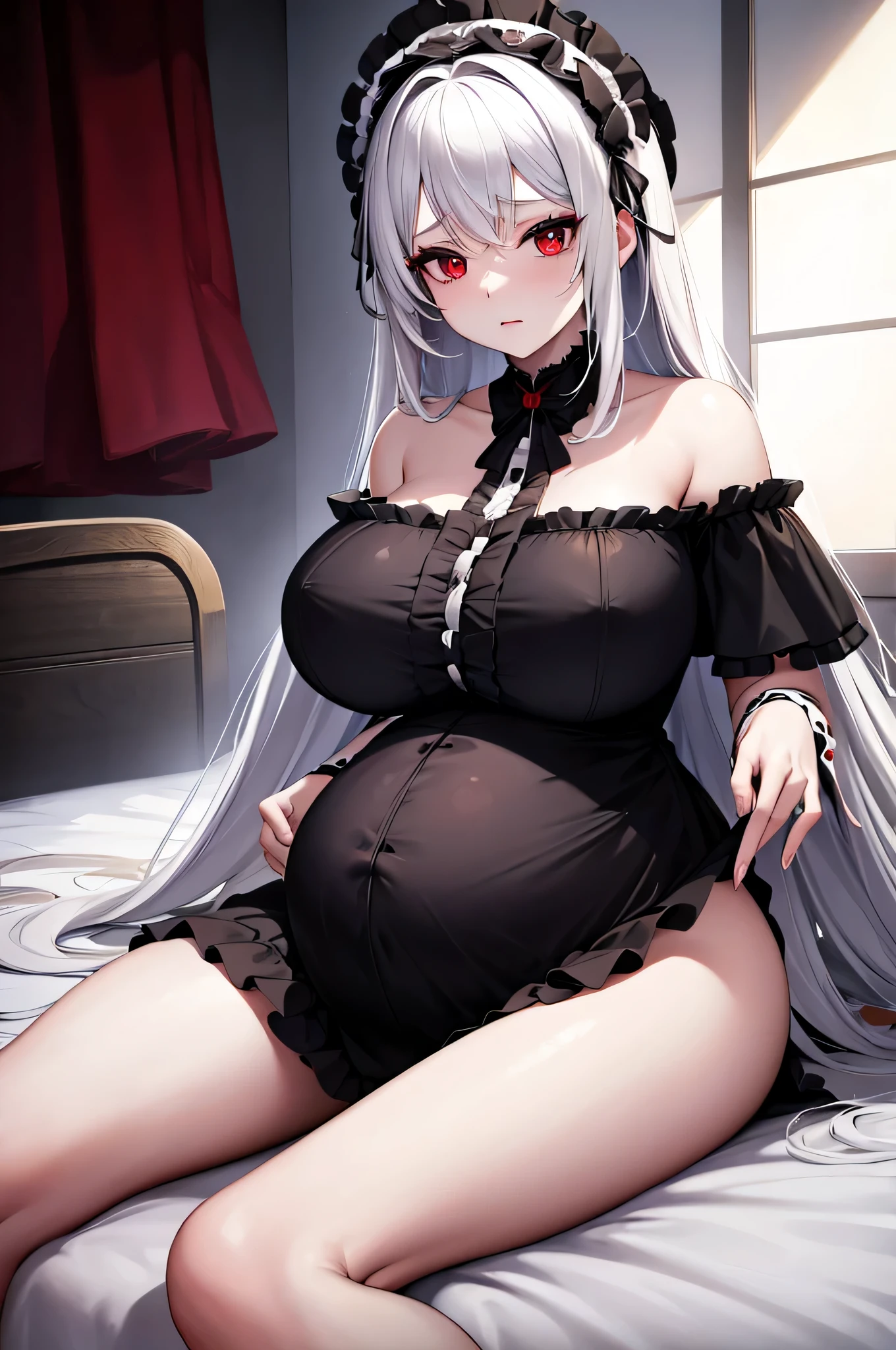 gothic ta, white hair, long hair, red eyes, huge breast, no expression, off shoulder, head dress, cowboy shot, sitting, bed room, (pregnant),