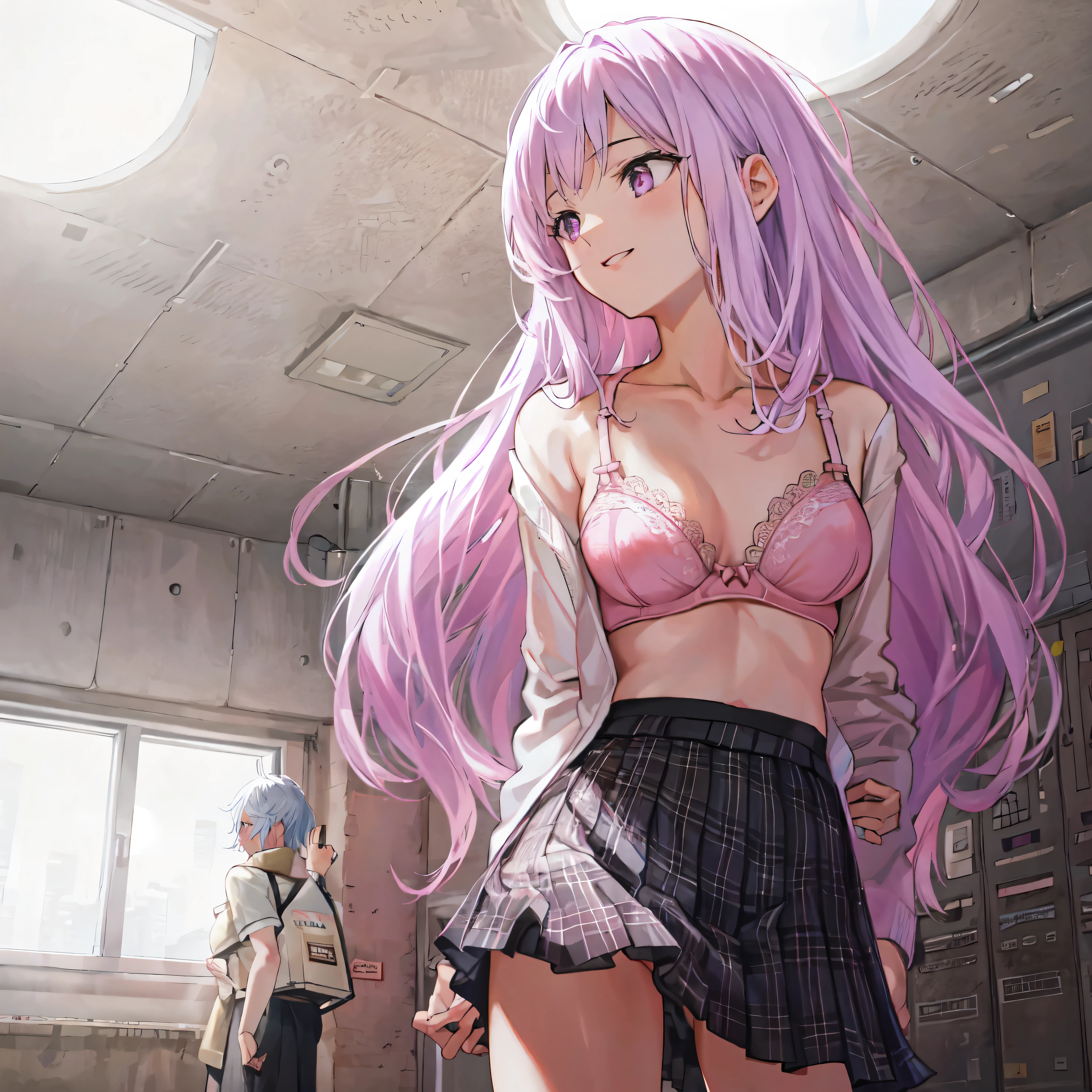 {{From Below}},{{{leaning forward}}},happy,{silver hair}},(Photoreal:1.4),BREAK,{{high quality light pink bra:1.2}},black pleated skirt,School locker room,Decorated panties,緑 medium long hair,{{look far away}},{masterpiece,best quality,illustration},,beautiful medium and large breasts 1:4,16 years old baby pink eye1:4}},high ol girl