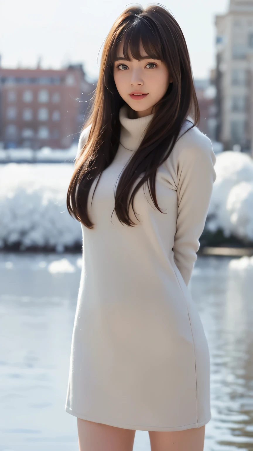 highest quality, masterpiece, 8k, ultra high resolution, (realistic: 1.4), 1 girl, beautiful face, symmetrical eyes, big, perfect body proportions, ((long hair、bangs))、((brown hair)), woman、((Winter clothes:1.4)), ((Hide your arms behind your back:1.5)), the gaze of the beholder, ((daytime city、blurred background)), look at camera、friendly smile、seems kind、Upper body