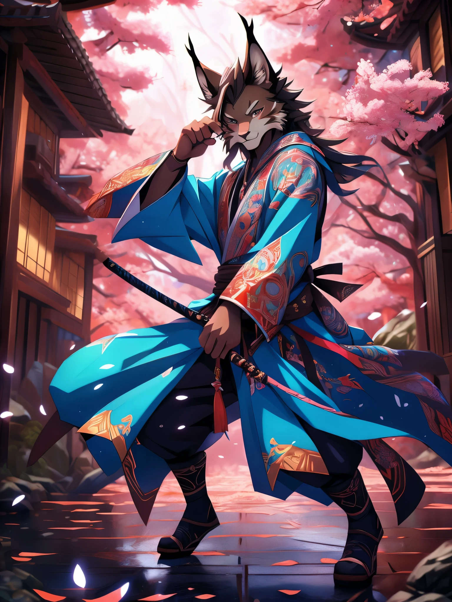 furry, male, anthro, (Lynx Tail), Solo, (Realistic eye details:1.2), (beautiful detailed eyes), anime character there is a Lynx man with samurai outfit in forest, sakura tree, onmyoji detailed art, onmyoji, anthropomorphic ninja, epic warrrior, style of duelyst, 2. 5 d cgi anime fantasy artwork, cool pose, killing intent, authoritative, elegant pose, full body like, slim body, in a panoramic view, good looking, splash art, anime style, 8k, 4k anime wallpaper, anime art wallpaper 8 k, 2 d art, 2d art, badass anime 8 k, anime art wallpaper 4k, detail art
