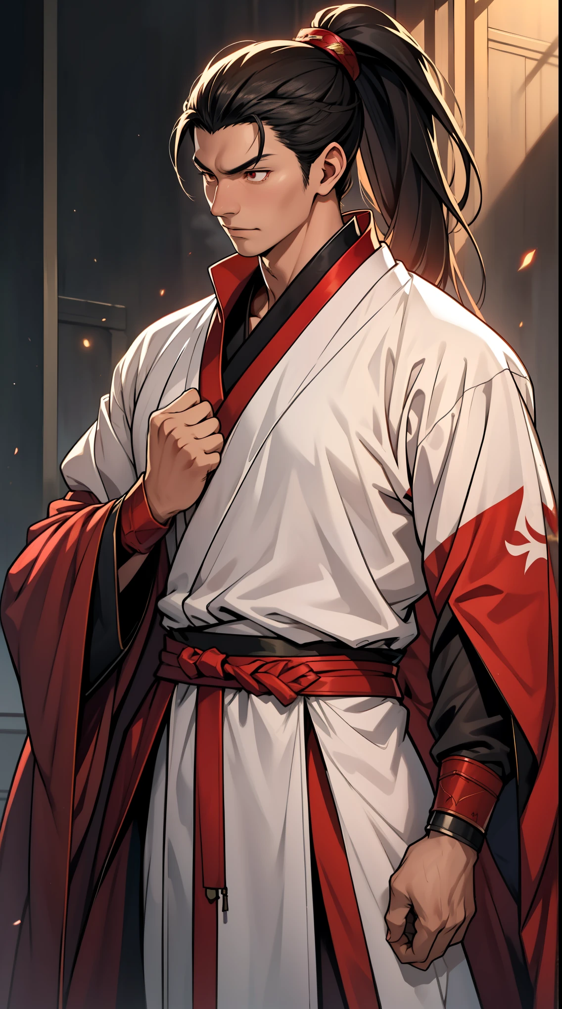 two-dimensional，anime style，one person（male warrior），Correct proportions，facial details，swordsman，High ponytail hairstyle，neck details，There is an Adam&#39;apple，red robe，joke，red robe，clothing details，long sleeve，Game quality，fencing，Ray tracing，Ray tracing，Delicate glow，CG rendering，Hair details，long red hair，Red eyes，Handsome，Handsome，（feeling of youth），Costumes are complicated，perfect composition，refine，high quality，More details，complex background，a sense of atmosphere，