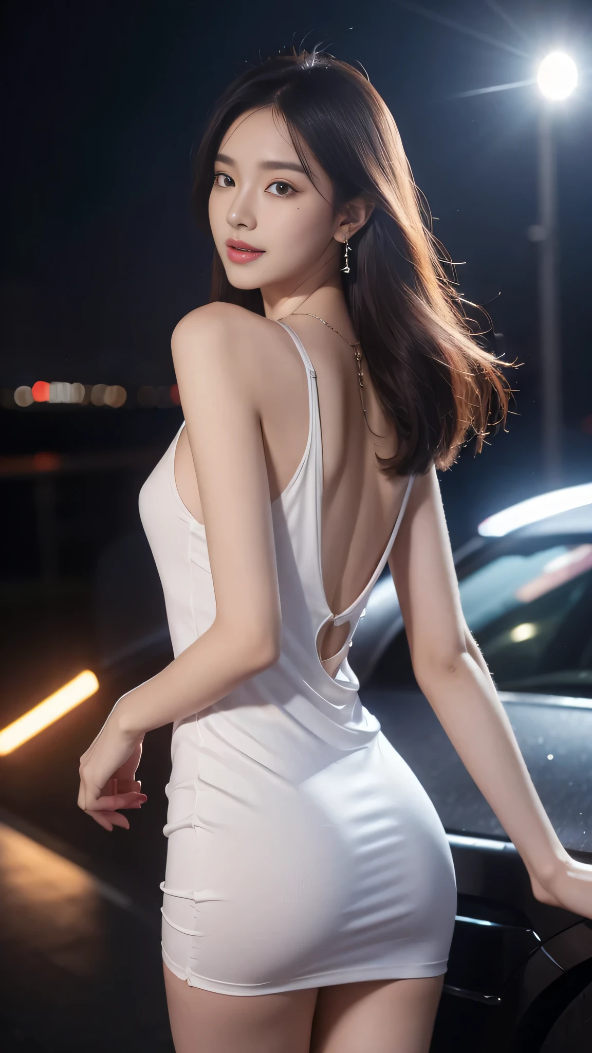 8K, masterpiece, original photo, best quality, detail:1.2),lifelike, Extremely detailed CG unifies 8K, 8K, diamond, and wallpaper, depth of field, film light, lens flare, Ray tracing, (extremely beautiful face, beautiful lips, beautiful eyes), intricate detail face, ((ultra detailed skin)) 1 girl, in the darkness, deep shadow, Beautiful Korean girl, K-pop idol,(very slim and slender muscular body:1.3), ((view viewer)),(A big smile), (bodycon mini dress),(pink skirt), (injection sleeve) , (City night, (neon sign), (night), Beautiful Korean girl, earrings, bracelet, necklace, pantyhose, clear eyes, walk , (pale skin), face forward, (big eyes), ((Upper body shot)), bodycon mini dress, silk mini dress , look back, Recumbent, very slim, defamation