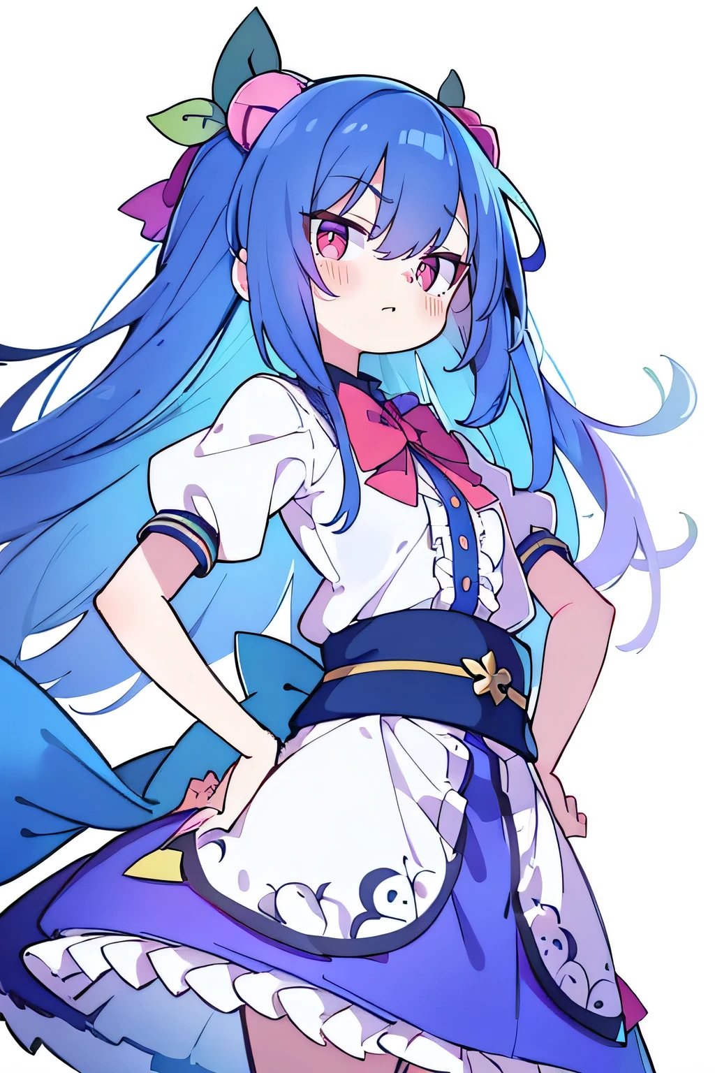 (masterpiece),best quality, expressive eyes, perfect face, 1girl,
 Put your hands on your waist,fair, Gorgeous,Japanese cartoons,girl,lola,Hina Angel, blue hair, blue haired, floating clothes,Grab your waist, Grab your waist, hands on hips , hands on hips,flat chest