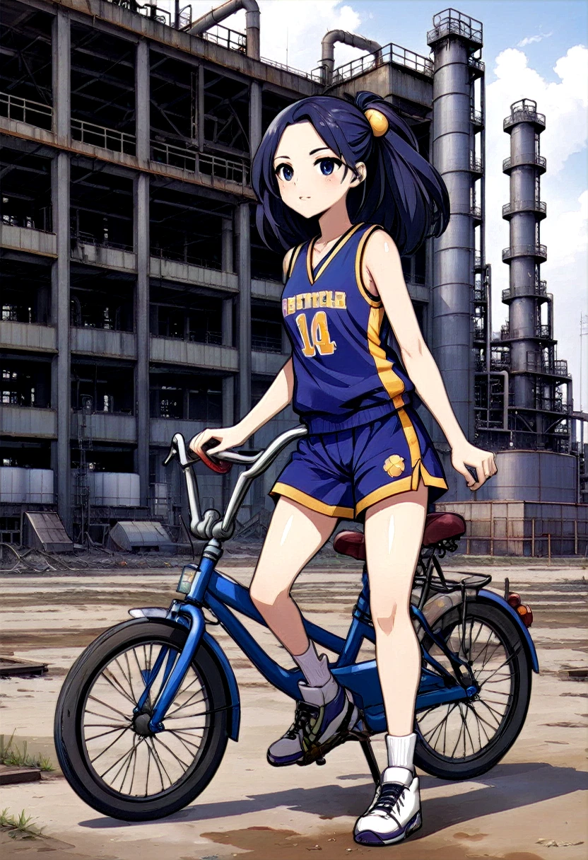 A girl riding a bicycle, at an abandoned petrochemical site, basketball uniform, short shorts,
