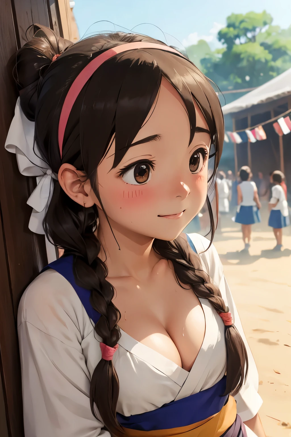 Shy girl enjoying a festival, headband, sash, happy, sweat, braids, shy expression, masterpiece, look here, Ghibli style, cleavage