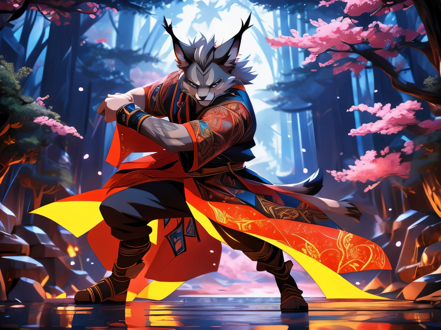 furry, male, anthro, (Lynx Tail), Solo, (Realistic eye details:1.2), (beautiful detailed eyes), anime character there is a Lynx man with samurai outfit in forest, sakura tree, onmyoji detailed art, onmyoji, anthropomorphic ninja, epic warrrior, style of duelyst, 2. 5 d cgi anime fantasy artwork, cool pose, killing intent, authoritative, elegant pose, full body like, slim body, in a panoramic view, good looking, splash art, anime style, 8k, 4k anime wallpaper, anime art wallpaper 8 k, 2 d art, 2d art, badass anime 8 k, anime art wallpaper 4k, detail art