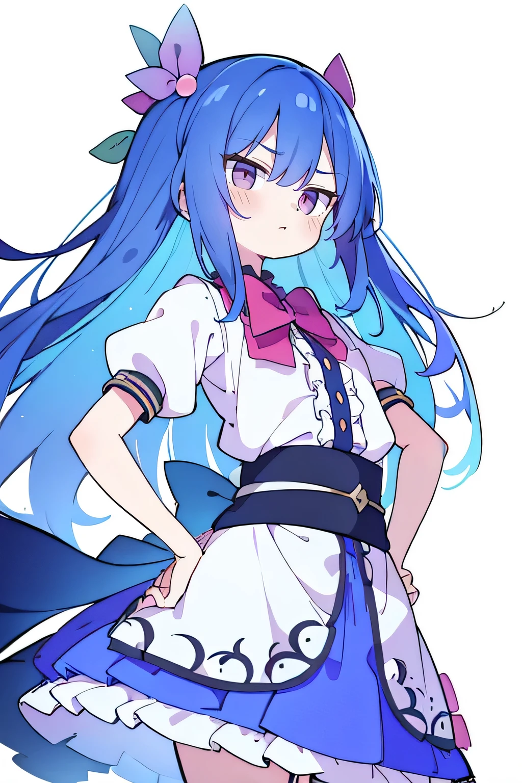 (masterpiece),best quality, expressive eyes, perfect face, 1girl,
 Put your hands on your waist,fair, Gorgeous,Japanese cartoons,girl,lola,Hina Angel, blue hair, blue haired, floating clothes,Grab your waist, Grab your waist, hands on hips , hands on hips,flat chest