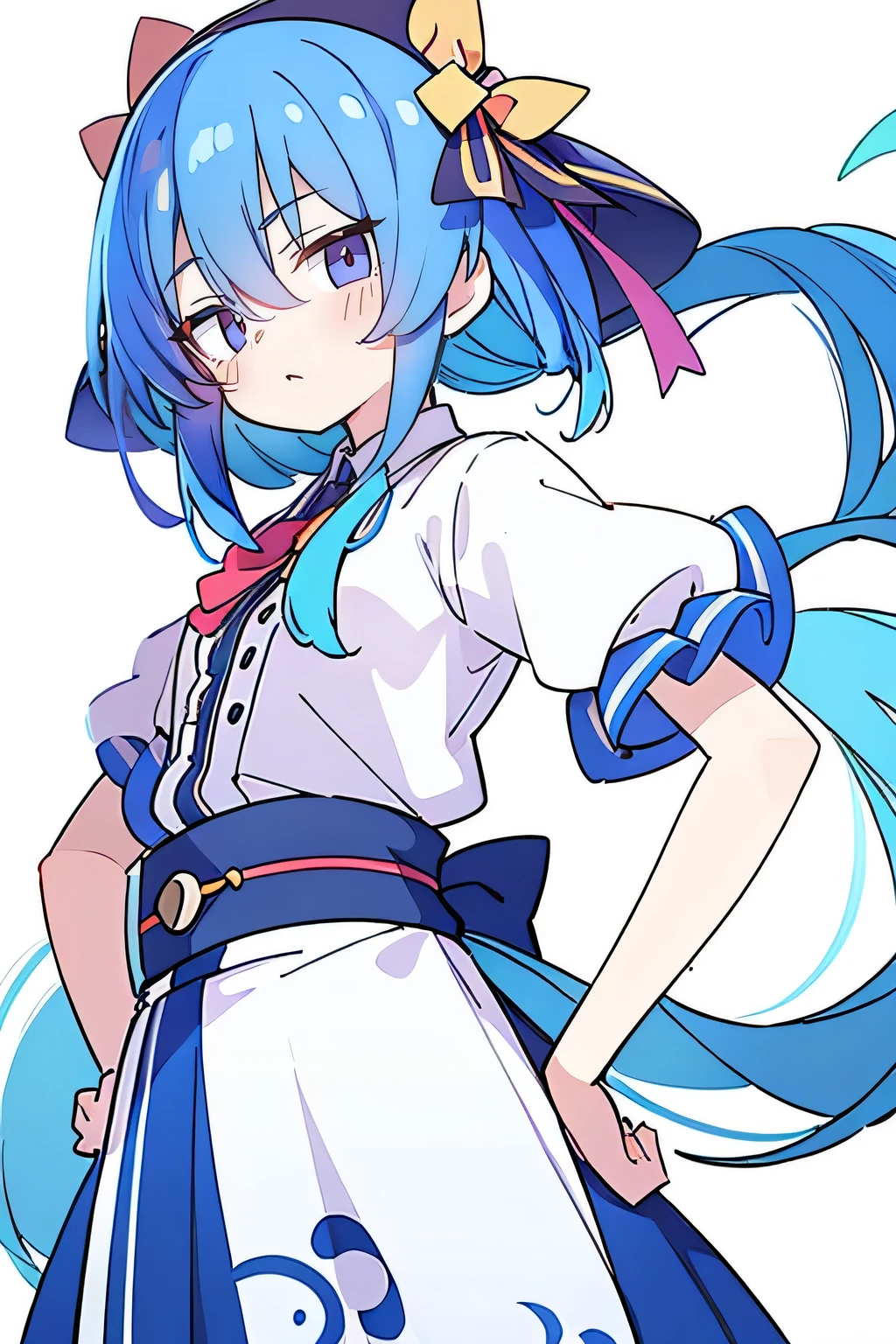 (masterpiece),best quality, expressive eyes, perfect face, 1girl,
 Put your hands on your waist,fair, Gorgeous,Japanese cartoons,girl,lola,Hina Angel, blue hair, blue haired, floating clothes,Grab your waist, Grab your waist, hands on hips , hands on hips,flat chest,Blue eyes,