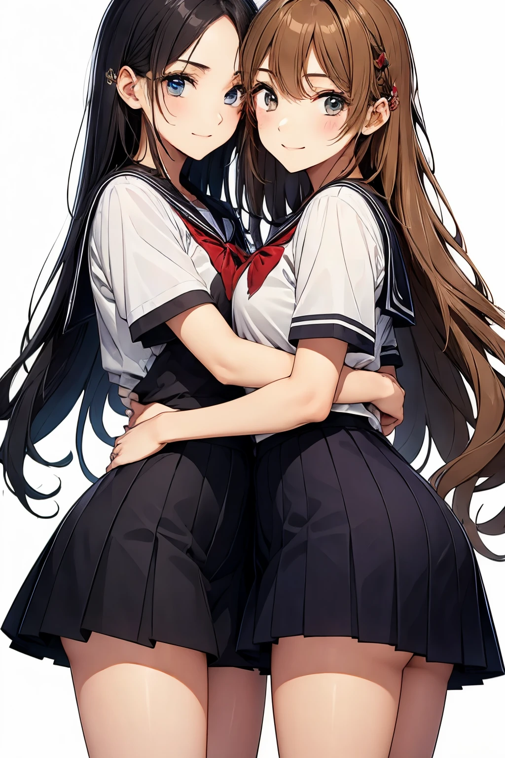 Two high school girls hugging each other、seductive smile、