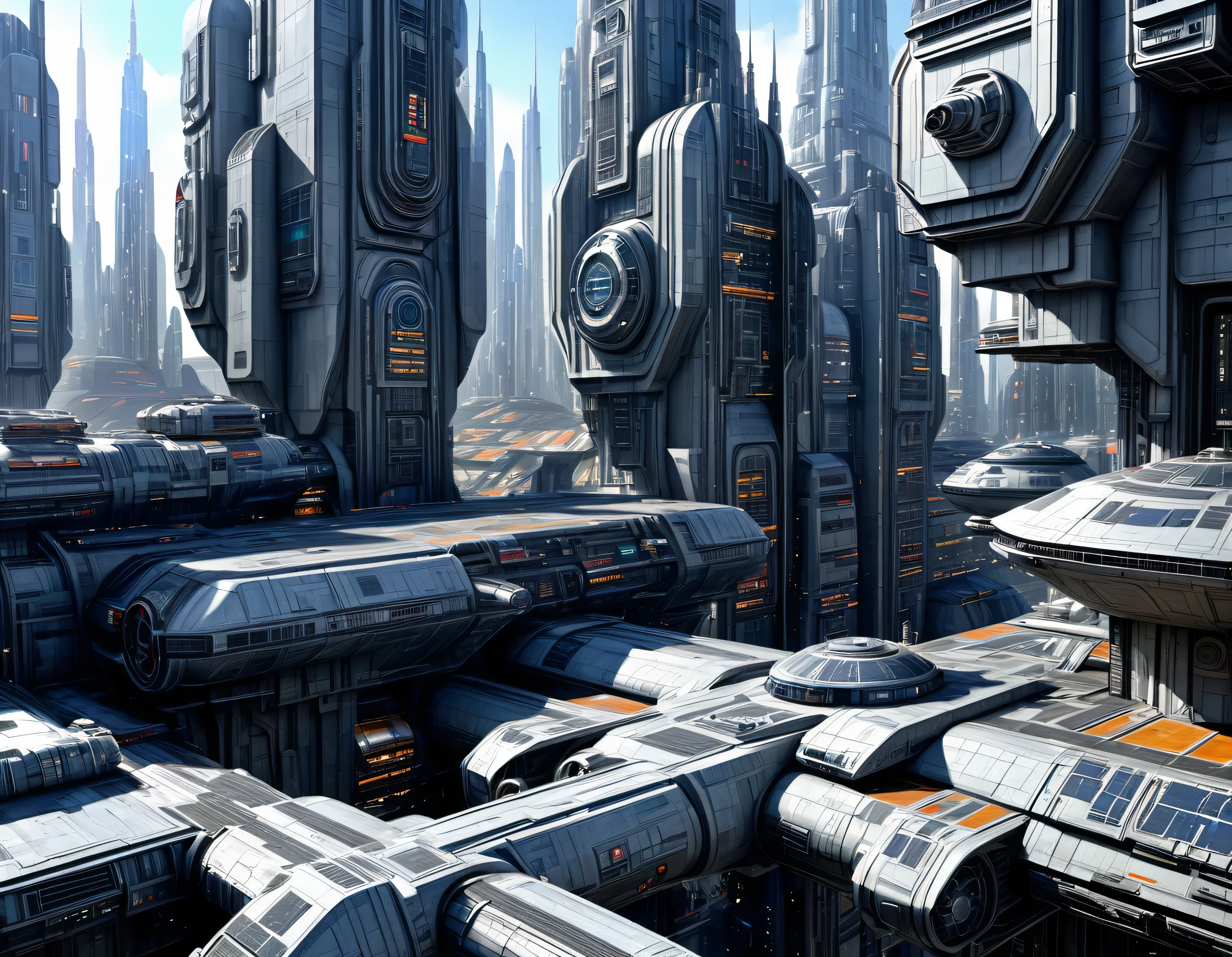 (The city of Coruscant from Star Wars as designed by Doug Chiang), futuristic fantasy city with immense buildings of technological design (que forman una avenida infinita), non-blurred compact buildings with metallic appearance, luces en ventanas en edificios, daylight lighting with sun, con estructuras acristaladas espectaculares, (con colores vivos). pavimento ensolado (sin brillo). gente paseando. imagen bien definida con muchos edificios juntos. sharp well defined 8k image. los edificios llegan alta el fondo.,8k. cinematographic image. ((obra maestra de superior calidad)). (renderizado 3D). fondo nitido