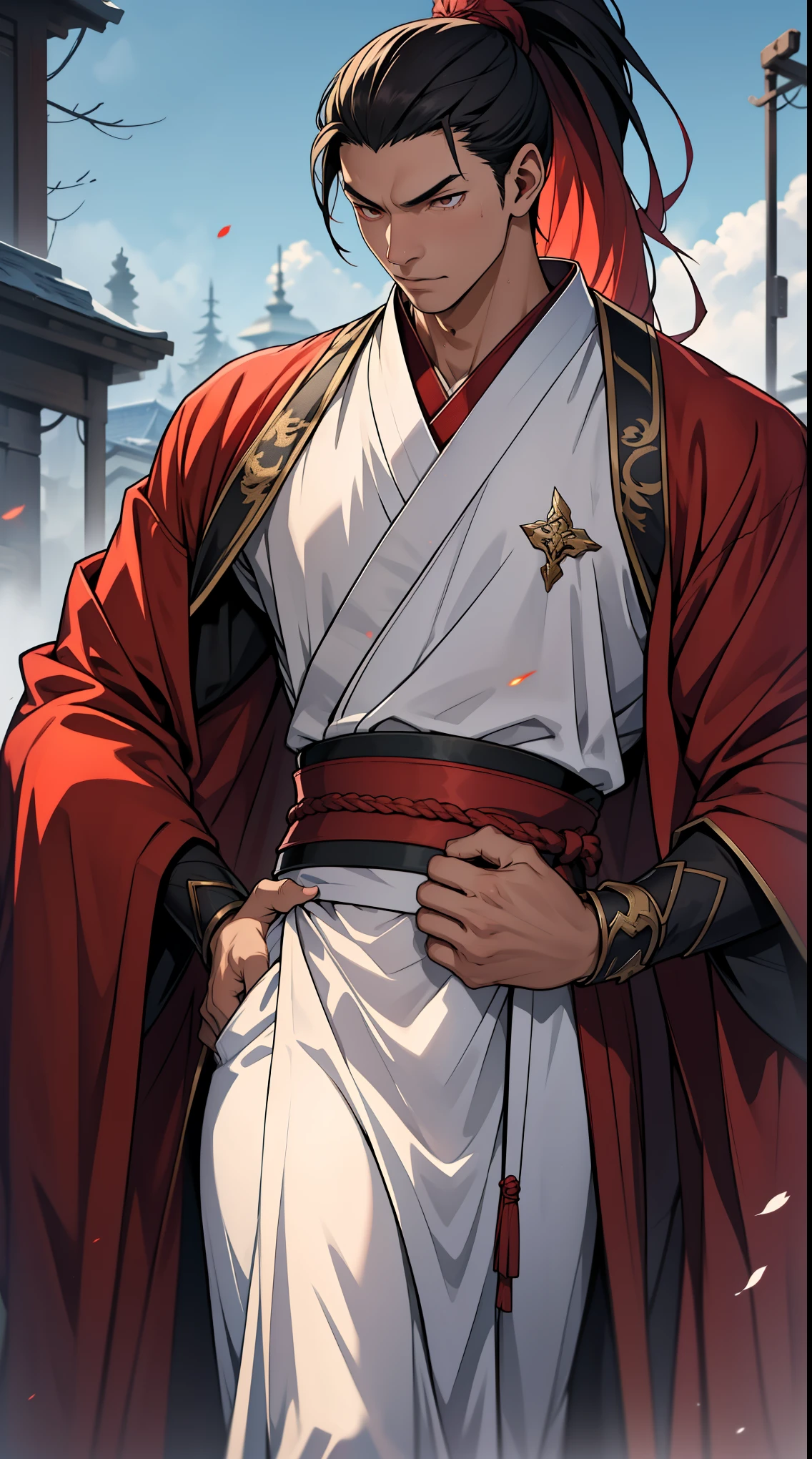 two-dimensional，anime style，one person（male warrior），Correct proportions，facial details，swordsman，High ponytail hairstyle，neck details，There is an Adam&#39;apple，red robe，joke，red robe，clothing details，long sleeve，Game quality，fencing，Ray tracing，Ray tracing，Delicate glow，CG rendering，Hair details，long red hair，Red eyes，Handsome，Handsome，（feeling of youth），Costumes are complicated，perfect composition，refine，high quality，More details，complex background，a sense of atmosphere，