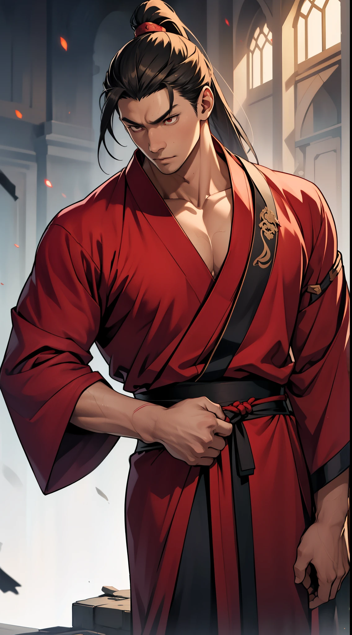 two-dimensional,anime style,one person(male warrior),Correct proportions,facial details,swordsman,High ponytail hairstyle,neck details,There is an Adam'apple,red robe,joke,red robe,clothing details,long sleeve,Game quality,fencing,Ray tracing,Ray tracing,Delicate glow,CG rendering,Hair details,long red hair,Red eyes,Handsome,Handsome,(feeling of youth),Costumes are complicated,perfect composition,refine,high quality,More details,complex background,a sense of atmosphere,
