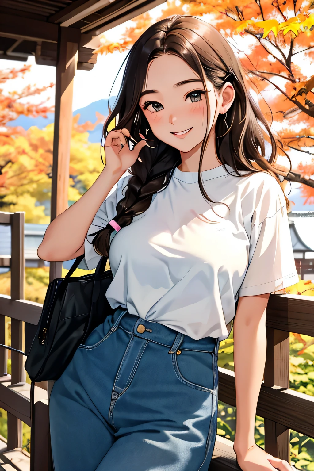 highest quality、Ultra high definition、detailed background、masterpiece、anatomically correct、detailed face、Detailed beautiful face、cute beautiful girl in her 20s、brown hair、braided hairstyles、huge breasts、realistic、perfect body line、Calm atmosphere、Express yourself with confidence、Charm、
(He looks very happy and is enjoying his trip.:1.5)、(cowboy shot:1.3)、
Hokkaido in autumn is a place where you can enjoy beautiful autumn leaves and fresh ingredients.、
We also recommend enjoying the natural scenery of Mt. Asahidake, Sounkyo, and Biei, as well as enjoying a food tour in Sapporo and a trip to hot springs.、cute