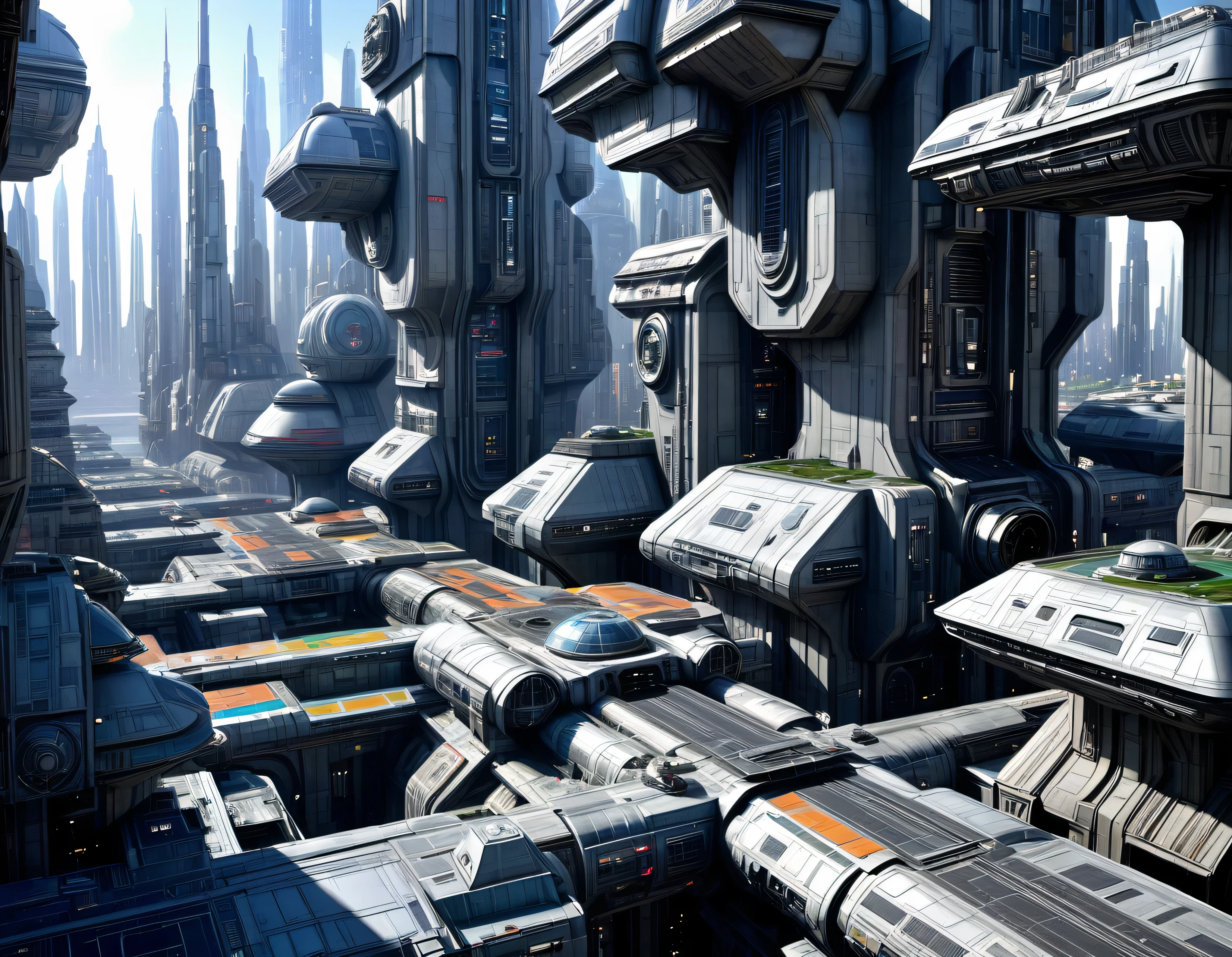 (The city of Coruscant from Star Wars as designed by Doug Chiang), futuristic fantasy city with immense buildings of technological design (que forman una avenida infinita), non-blurred compact buildings with metallic appearance, luces en ventanas en edificios, daylight lighting with sun, con estructuras acristaladas espectaculares, (con colores vivos). pavimento ensolado (sin brillo). gente paseando. imagen bien definida con muchos edificios juntos. sharp well defined 8k image. los edificios llegan alta el fondo.,8k. cinematographic image. ((obra maestra de superior calidad)). (renderizado 3D). fondo nitido