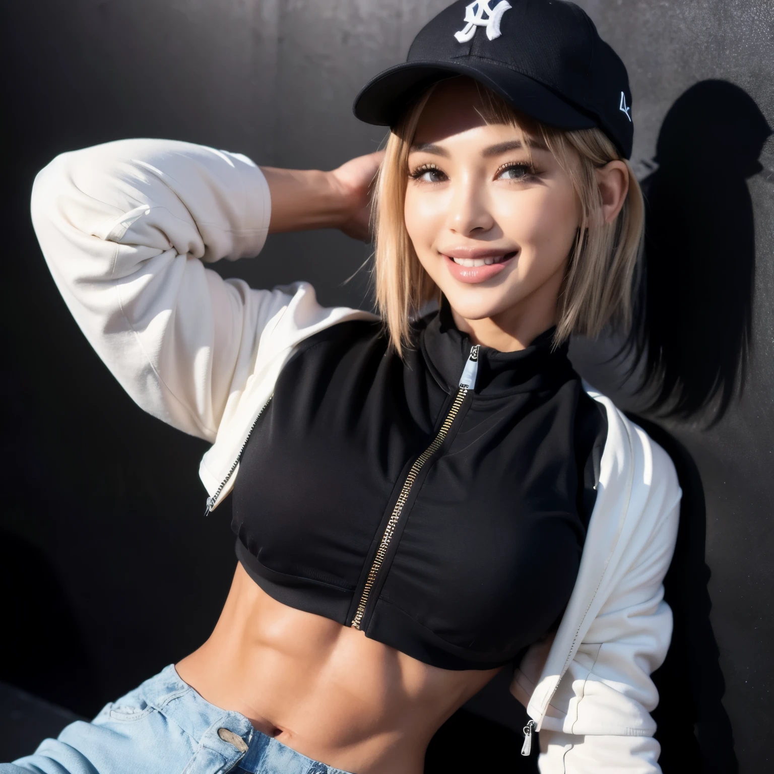 4k,best quality,masterpiece,,(cropped jacket),(demin pant), alluring smile,baseball cap, (Beautiful and detailed eyes), Detailed face, detailed eyes, double eyelids ,thin face, real hands, muscular fit body, semi visible abs, ((short hair with long locks:1.2)), black hair, black background, real person, color splash style photo,