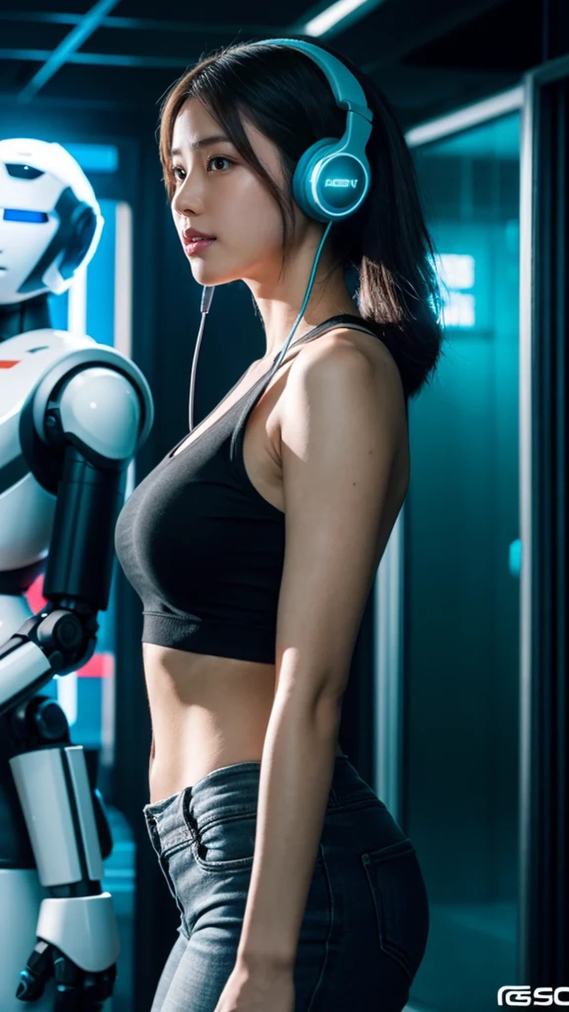 A woman wearing headphones standing next to a robot, Cyberpunk Art by Jason A. Engle, CG Society, retrofuturism, Ilya Kuvshinov, SF, futuristic, lively, photorealistic, realistic, dramatic, cinematic lighting, sharp focus, 8K