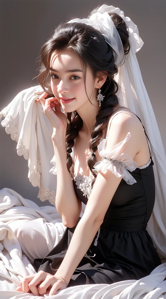 high quality photos, Correct human proportions, correct body structure, masterpiece, ultra high definition, (realistically: 1.4), Realistic style, original photo, 1 girl, british maid, Ruffled transparent maid outfit, ponytail, Braided hair , ruffled translucent shirt, ribbon tie, apron, mini skirt, puff sleeves, white, glowing skin, victorian era, no gray background, handheld tray，Comes with silver kettle and porcelain tea cup, full body image , , Black mesh garter belt, black shoes, a cat at her feet, long legs, big breasts, smile for camera, show seductive expression, convex, camel toe, HD images, Delicate skin texture, Delicate clothes have wrinkles, Clothing texture, Bedroom background，There&#39;s a washboard on the floor