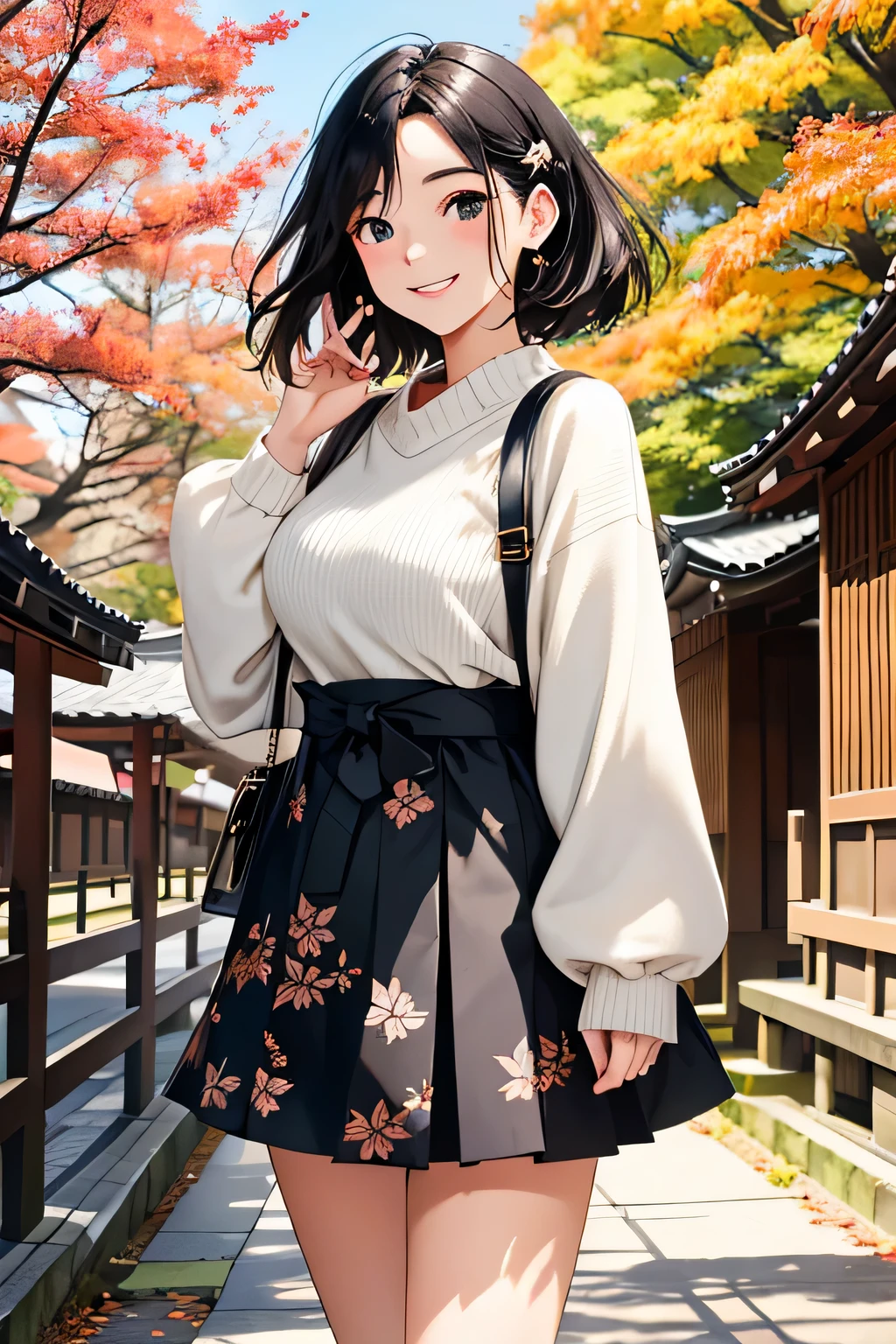 highest quality、Ultra high definition、detailed background、masterpiece、anatomically correct、detailed face、Detailed beautiful face、cute beautiful girl in her 20s、black hair、braided bob、huge breasts、realistic、perfect body line、Calm atmosphere、Express yourself with confidence、Charm、
(He looks very happy and is enjoying his trip.:1.5)、(cowboy shot:1.4)、
This is an autumn outfit that combines seasonal feel and cuteness.、
Printed skirts give a gorgeous impression, and if you choose one with autumn scenery or patterns on it, you can enhance the sense of the season.、
Knitwear gives you a sense of warmth, but if you choose a feminine silhouette and color, you can bring out your cuteness.、
Pair your feet with boots or pumps to emphasize your femininity.、
Kyoto, known for its beautiful autumn leaves, is rich in traditional Japanese culture and architecture.、We also recommend visiting temples such as Kiyomizu-dera and Kinkaku-ji, and strolling Arashiyama and Tetsugaku no Michi to enjoy the autumn leaves.、cute