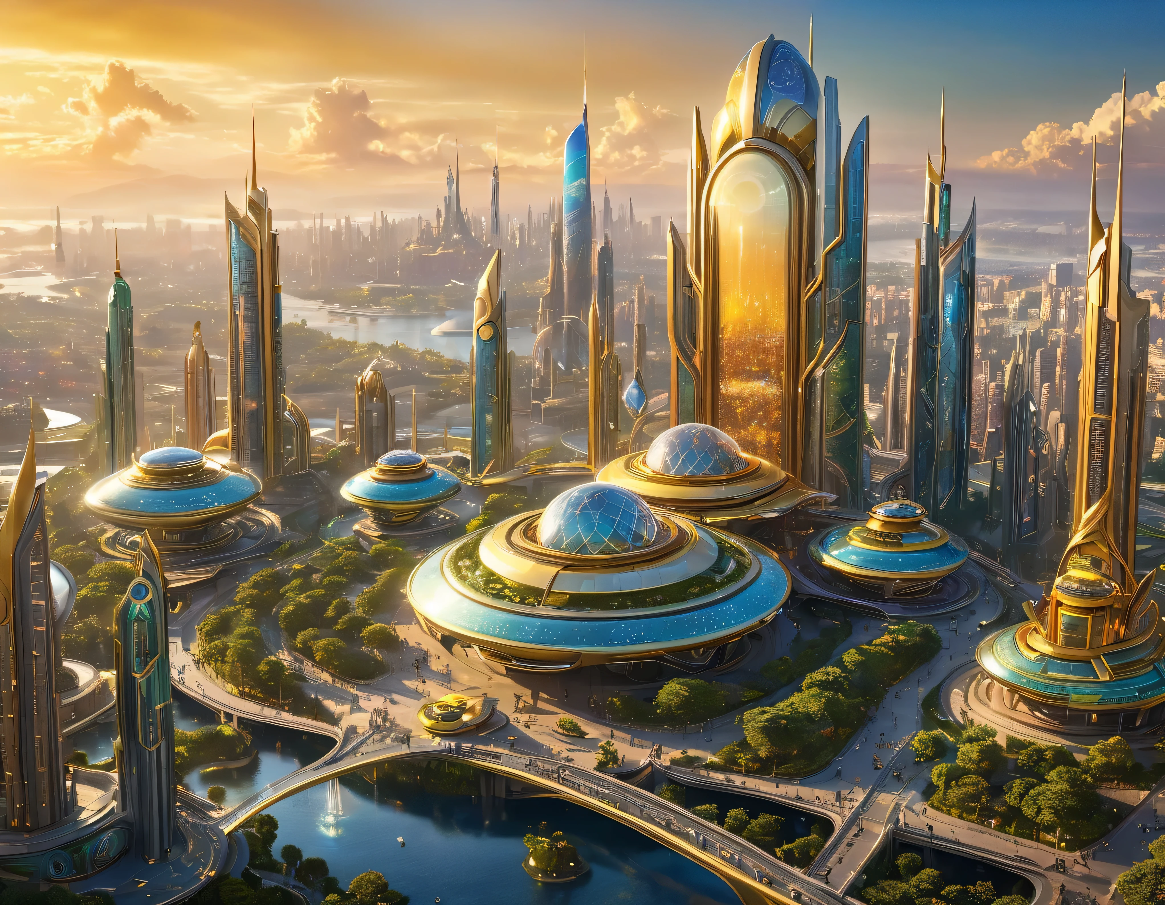 (golden hour lighting), megacity, megalopolis of an imaginary world of science fiction , parecido a una disneylandia futurista, and maximum fantasy, con inmensos edificios y rascacielos ovalados y dodecaedricos agrupados de metal y cristal donde predomina el diamante y los anuncios luminosos de colores. imagen bien definida 8k, (intrincados detalles de la maquina), con muchos edificios juntos.(obra maestra de superior calidad).(imagen fotorrealista), nitidez absoluta hasta el fondo