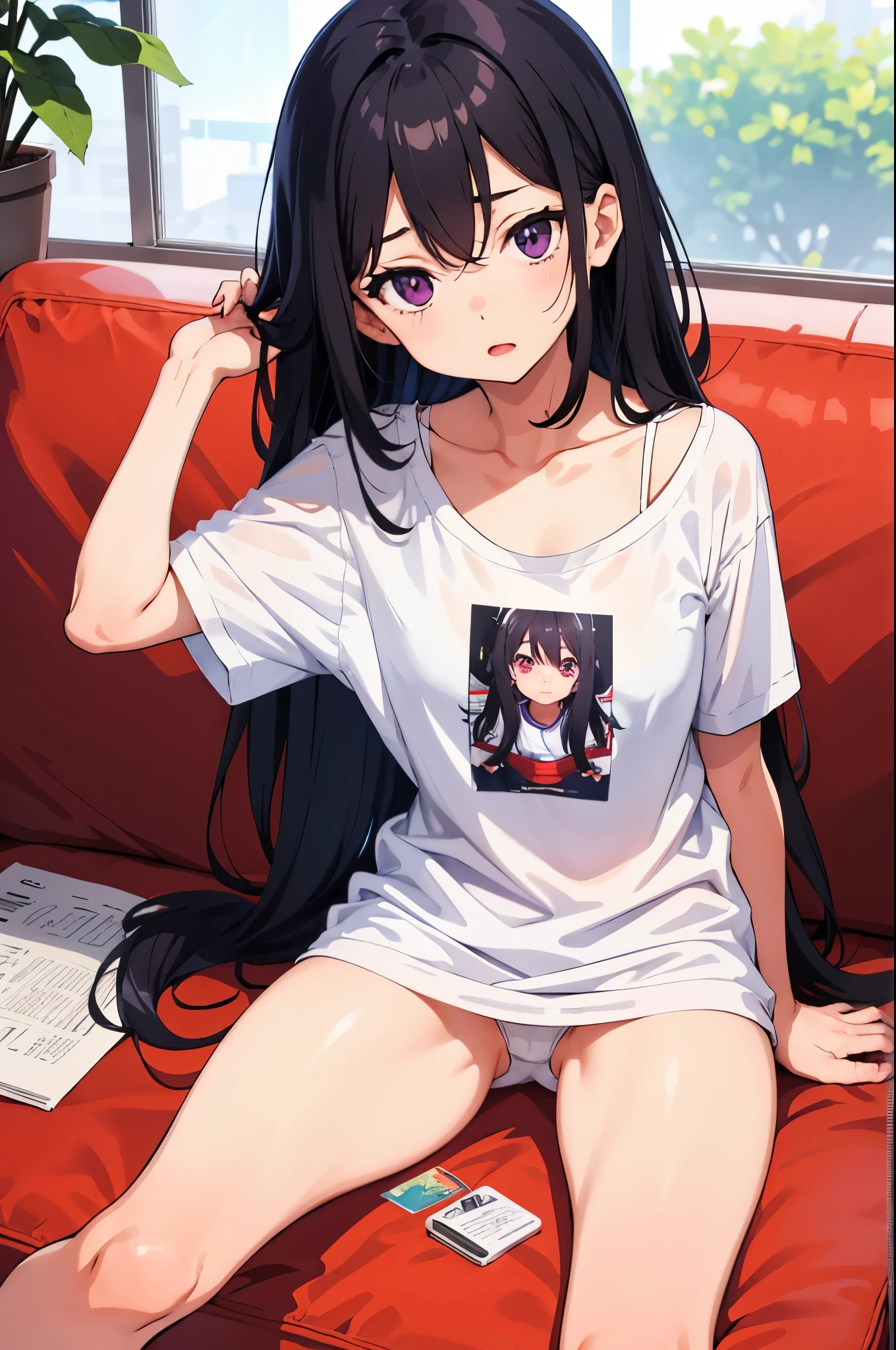 living　elementary school girl　8-year-old　flat chest　black hair　long hair　eyes are purple　（（1 person））　Baggy white T-shirt on the upper body　lower body white panties（（White panties are visible））　barefoot　sitting on the sofa　I can see white panties　dynamic angle　Low angle from the front