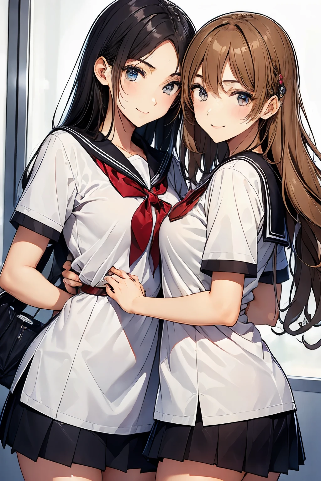 Two high school girls hugging each other、seductive smile、