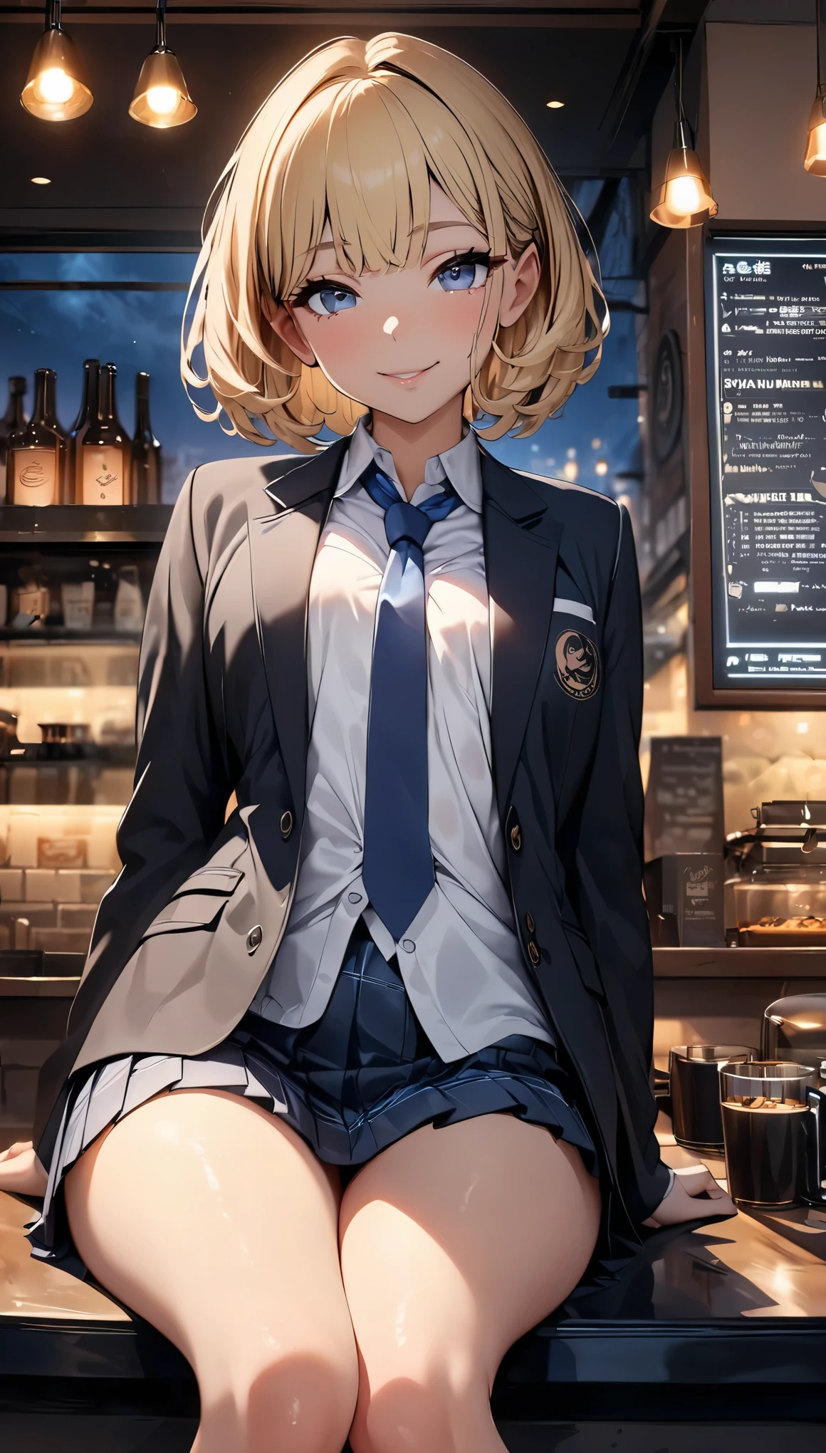 (highest quality, 4k, 8K, High resolution, masterpiece:1.2), Super detailed, Cafe, Atmospheric coffee shop, night time, (1 person, JK, , blazer, open the front, white shirt, blue tie, pleated skirt, mini skirt, black socks), (smile), glossy lips, soft lips, view audience, blonde, very short hair, cute, genuine, young beauty, close-up shot of face,