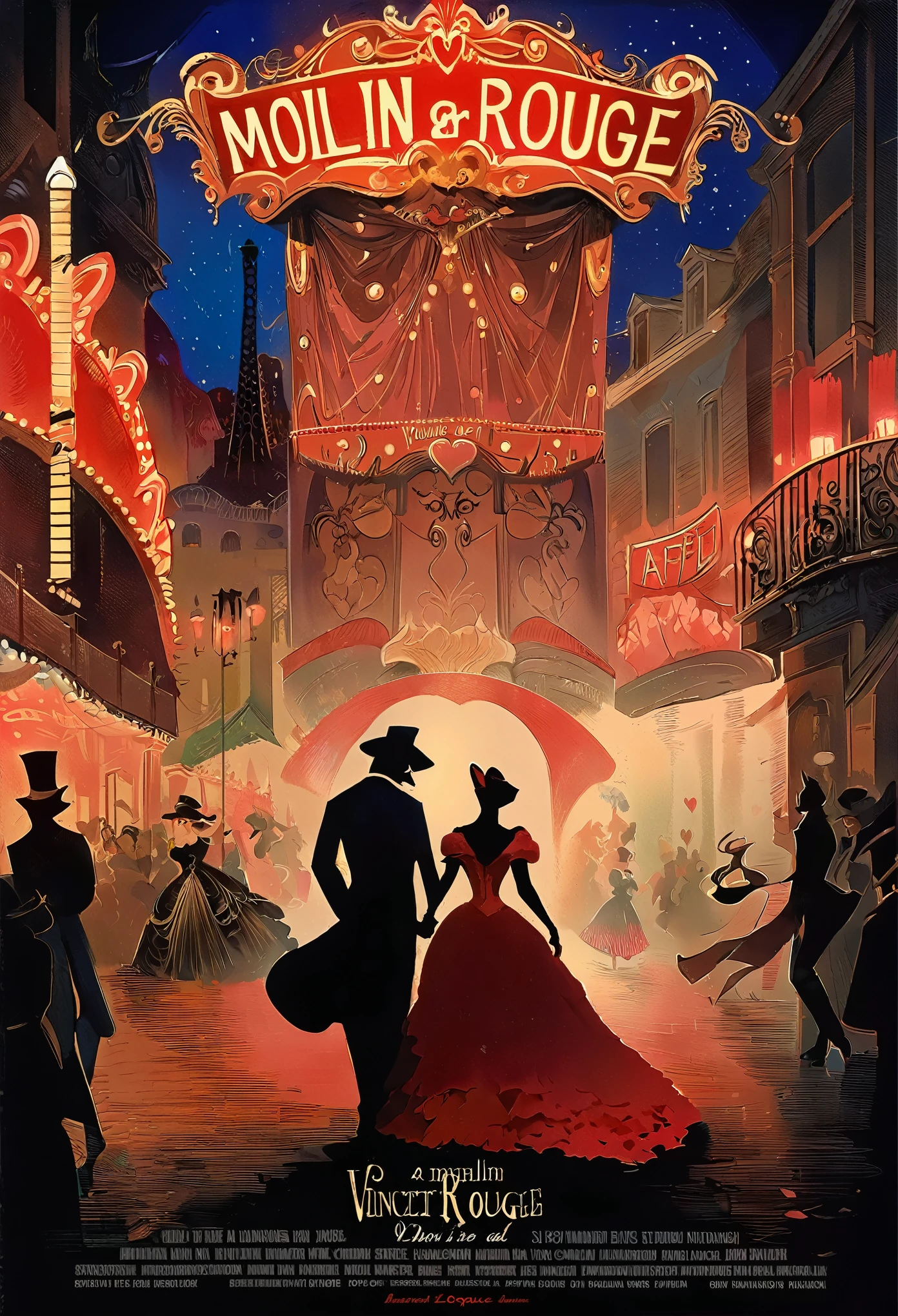 top quality, highres, High-quality illustrations, unparalleled masterpiece, arafed image of a couple in a city street at night, furry, anthro, kemono, moulin rouge, moulin rouge, movie artwork, concept art of love, movie art, movie poster painting, bestselling movie art poster, romance novel cover, martin ansin, inspired by Vincent Lefevre, belle epoque, romanticis, raphaël, cinematic lighting,