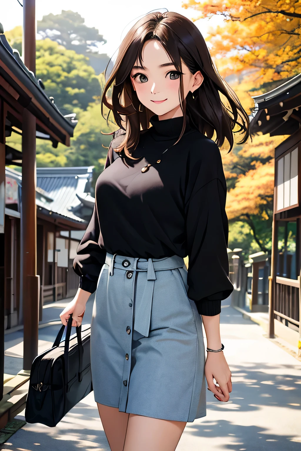 highest quality、Ultra high definition、detailed background、masterpiece、anatomically correct、detailed face、Detailed beautiful face、cute beautiful girl in her 20s、brown hair、cute braided hairstyles、huge breasts、realistic、perfect body line、Calm atmosphere、Express yourself with confidence、attractive、cowboy shot、
(He looks very happy and is enjoying his trip.:1.5)、
This outfit combines autumnal textures with femininity.、
The knitted skirt maintains warmth while creating a fluffy silhouette that creates a cute look.、
The blouse gives an elegant impression and enhances the seasonal feel with autumn-like materials and patterns.、
Add some boots or pumps to accentuate your femininity.、
Kamakura is an attractive place with historical buildings and beautiful coastline、
We also recommend enjoying the autumn leaves at Kamakura Daibutsu and Kenchoji Temple, as well as surfing and walking along the Kamakura coast.、cute