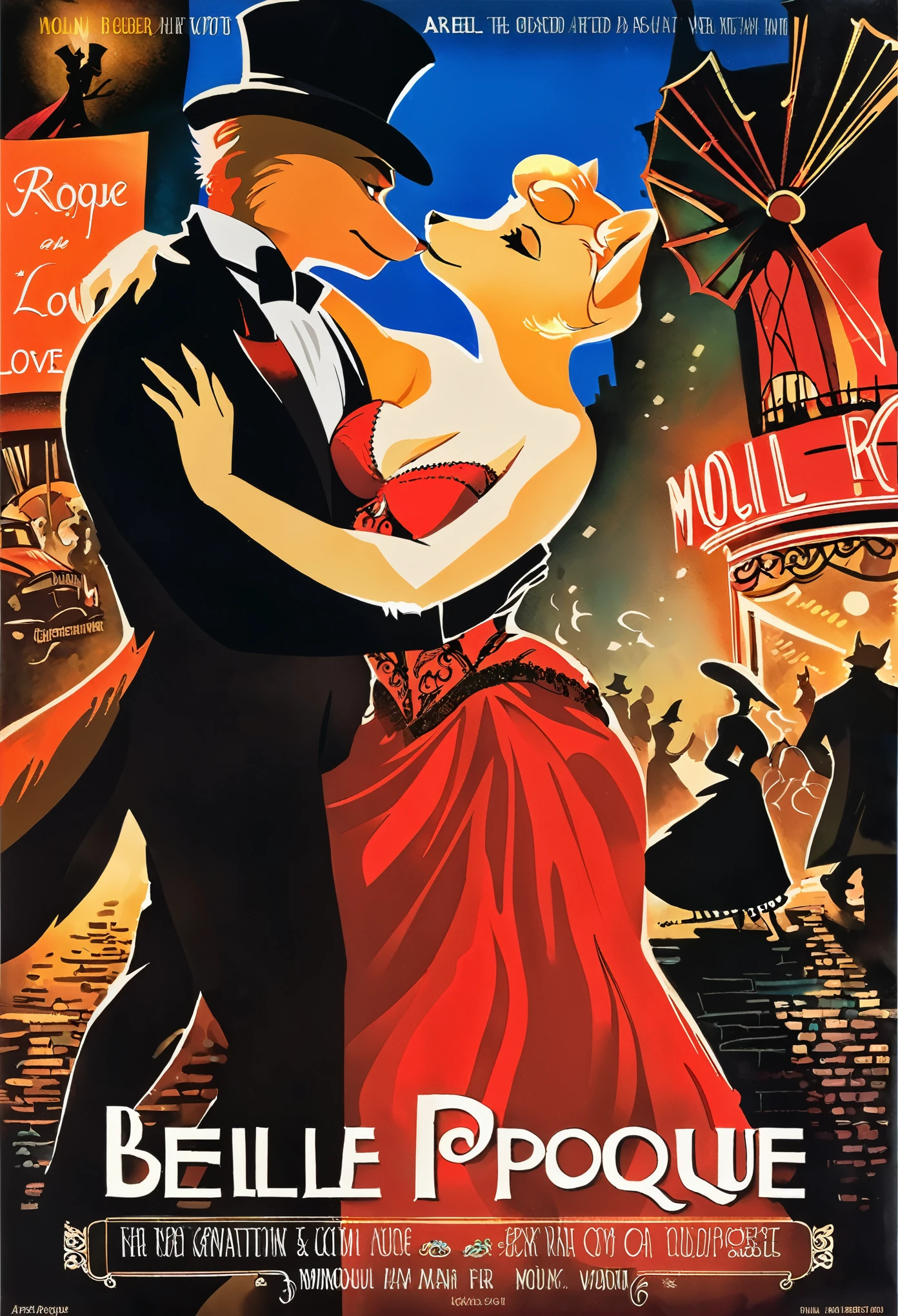 top quality, highres, High-quality illustrations, unparalleled masterpiece, arafed image of a couple in a city street at night, furry, anthro, kemono, moulin rouge, moulin rouge, movie artwork, concept art of love, movie art, movie poster painting, bestselling movie art poster, romance novel cover, martin ansin, inspired by Vincent Lefevre, belle epoque, romanticis, raphaël, cinematic lighting,