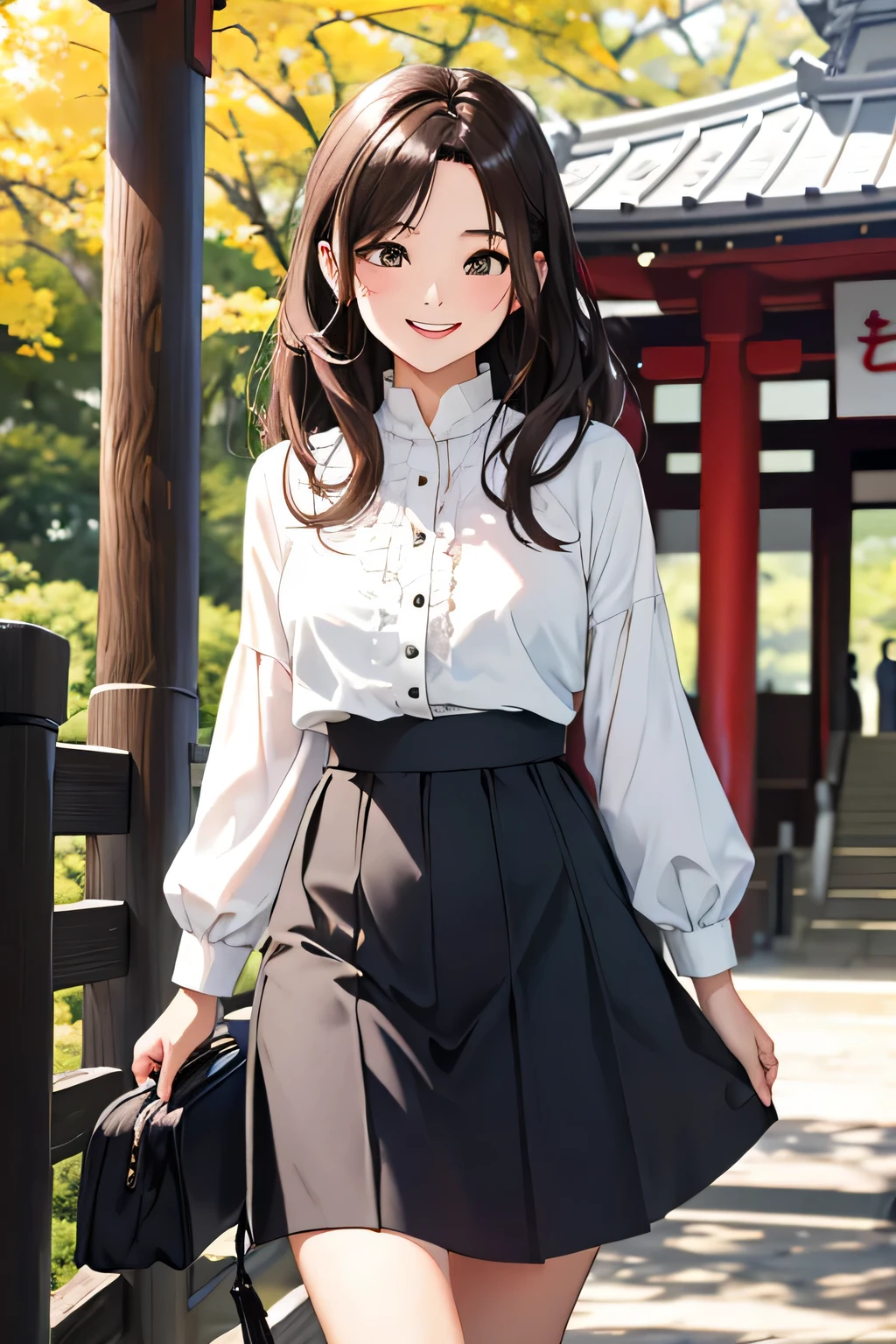highest quality、Ultra high definition、detailed background、masterpiece、anatomically correct、detailed face、Detailed beautiful face、cute beautiful girl in her 20s、brown hair、cute braided hairstyles、huge breasts、realistic、perfect body line、Calm atmosphere、Express yourself with confidence、attractive、cowboy shot、
(He looks very happy and is enjoying his trip.:1.5)、
This outfit combines autumnal textures with femininity.、
The knitted skirt maintains warmth while creating a fluffy silhouette that creates a cute look.、
The blouse gives an elegant impression and enhances the seasonal feel with autumn-like materials and patterns.、
Add some boots or pumps to accentuate your femininity.、
Kamakura is an attractive place with historical buildings and beautiful coastline、
We also recommend enjoying the autumn leaves at Kamakura Daibutsu and Kenchoji Temple, as well as surfing and walking along the Kamakura coast.、cute