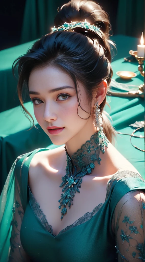 (Shoulder length black bob straight hair:1),((((8K))),((Extremely detailed CG)) ,(wallpaper),16K,((extremely delicate and beautiful))，(((masterpiece))),(((best quality))),(((超high resolution))),beautiful lights，perfect lightning，Realistic shadows，[high resolution],(Smooth and flawless fair skin:1.5),The facial details are extremely delicate,(Perfect body：1.1),Super detailed,a beautiful girl,small head,((very short ponytail)),Small face,Confused eyes female:1.3),(blush:1.3),Exquisite makeup,(small breasts:1.1),flat chest，Slim，thin,happy,(Smile:1.2),(See-through lace pajama dress:1.3),clavicle, split,(night view:1.5),in the kitchen,Warm indoor lighting,((sit in a chair next to the table)),(There is a large cup of coffee on the table:1.3),(teal background),looking at the audience,(Close-up of upper body above chest:1.2)