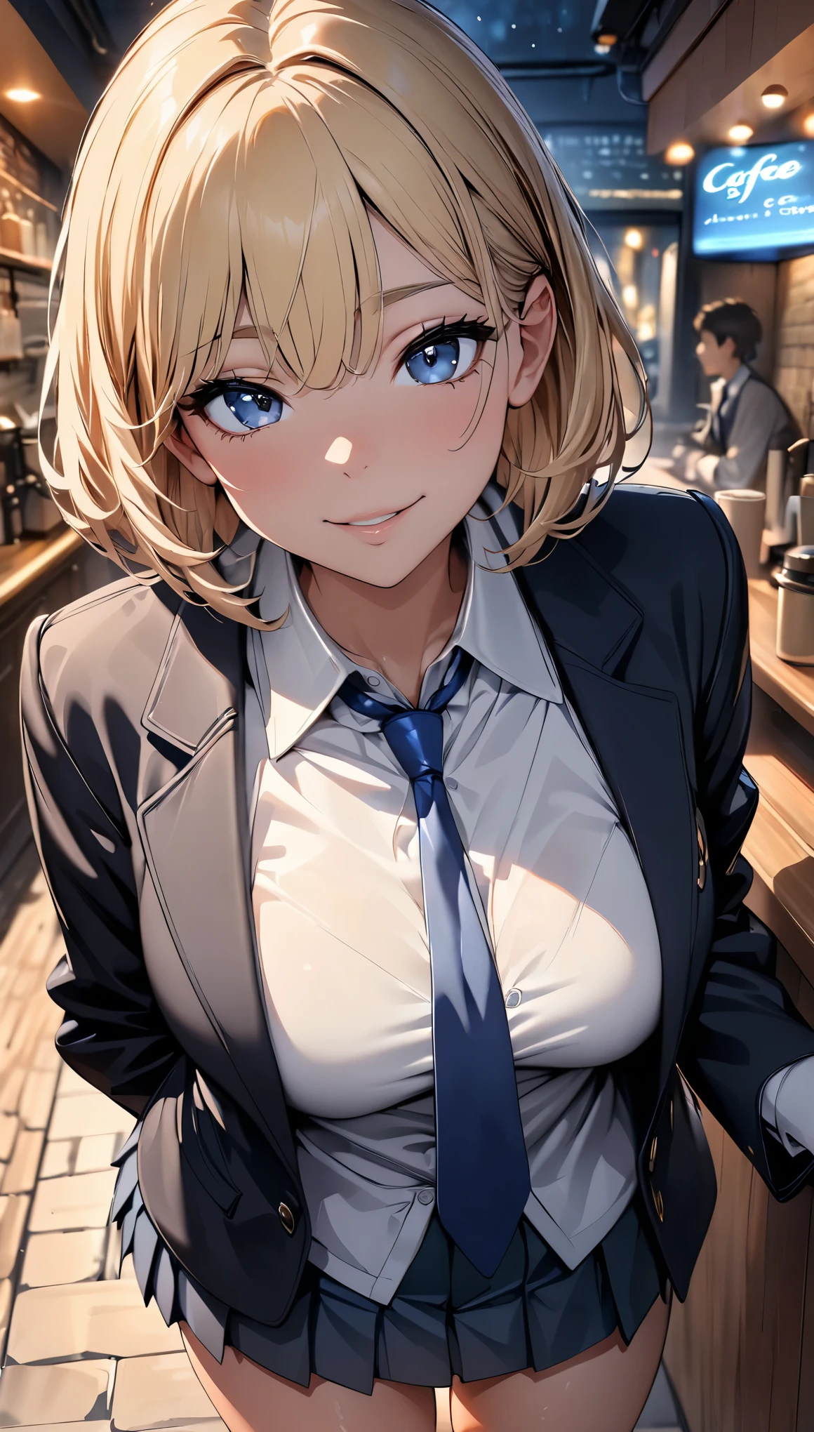 (highest quality, 4k, 8K, High resolution, masterpiece:1.2), Super detailed, Cafe, Atmospheric coffee shop, night time, (1 person, JK, , blazer, open the front, white shirt, blue tie, pleated skirt, mini skirt, black socks), (smile), glossy lips, soft lips, view audience, blonde, very short hair, cute, genuine, young beauty, close-up shot of face,