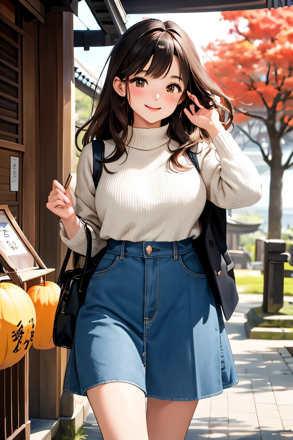 highest quality、Ultra high definition、detailed background、masterpiece、anatomically correct、detailed face、Detailed beautiful face、cute beautiful girl in her 20s、brown hair、cute braided hairstyles、huge breasts、realistic、perfect body line、Calm atmosphere、Express yourself with confidence、attractive、cowboy shot、
(He looks very happy and is enjoying his trip.:1.5)、
This outfit combines autumnal textures with femininity.、
The knitted skirt maintains warmth while creating a fluffy silhouette that creates a cute look.、
The blouse gives an elegant impression and enhances the seasonal feel with autumn-like materials and patterns.、
Add some boots or pumps to accentuate your femininity.、
Kamakura is an attractive place with historical buildings and beautiful coastline、
We also recommend enjoying the autumn leaves at Kamakura Daibutsu and Kenchoji Temple, as well as surfing and walking along the Kamakura coast.、cute