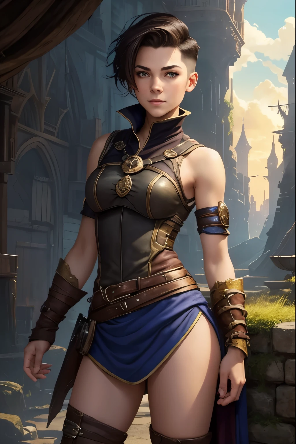 A happy young woman with an undercut in a fantasy setting. An adventurer and a rogue. Very androgynous looking. In a good mood. Sympathic. Tomboyish. Androgynous. Slim body. Very . Very small breasts. Wide hips. Thick legs. Face: Extremly pale skin with liverspots and freckles. Soft narrow face with a round chin. Soft small jaw. Big forehead. Very thin barely visible eyebrows. Upturned big dark-brown eyes. Dark-brown eyecolour. Very long and wide nose. Big curved lips. Very short dark-brown hair. A boyish short haircut. Undercut. Sides shaved. A tight fantasy outfit of a lonley adventurer and rogue with a tank top. Background: A colorful and vast huge fantasy renaissance city. Beutiful bright colours. A vast medieval fantasy metropolis. Blue sky.