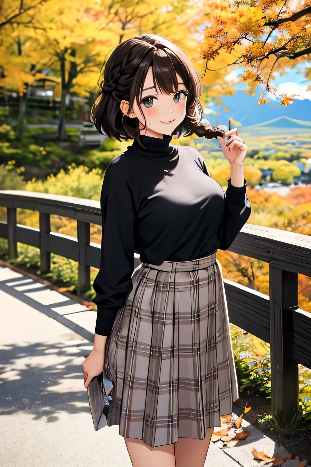 highest quality、Ultra high definition、detailed background、masterpiece、anatomically correct、detailed face、Detailed beautiful face、cute beautiful girl in her 20s、brown hair、cute braided hairstyles、braided bob、huge breasts、realistic、perfect body line、Calm atmosphere、Express yourself with confidence、attractive、cowboy shot、
(He looks very happy and is enjoying his trip.:1.5)、
This is an autumn outfit that combines seasonal feel and cuteness.、
Printed skirts give a gorgeous impression, and if you choose one with autumn scenery or patterns on it, you can enhance the sense of the season.、
Knitwear gives you a sense of warmth, but if you choose a feminine silhouette and color, you can bring out your cuteness.、
Pair your feet with boots or pumps to emphasize your femininity.、
Hokkaido in autumn is a place where you can enjoy beautiful autumn leaves and fresh ingredients.、
We also recommend enjoying the natural scenery of Mt. Asahidake, Sounkyo, and Biei, as well as enjoying a food tour in Sapporo and a trip to hot springs.、cute