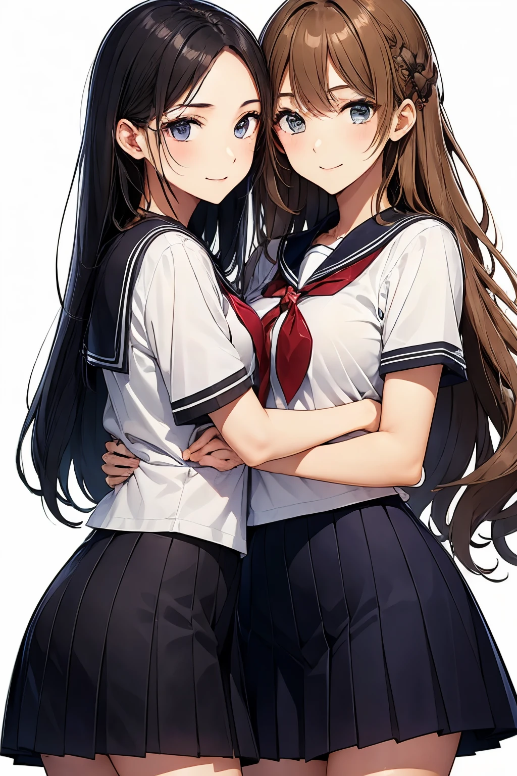 Two high school girls hugging each other、seductive smile、