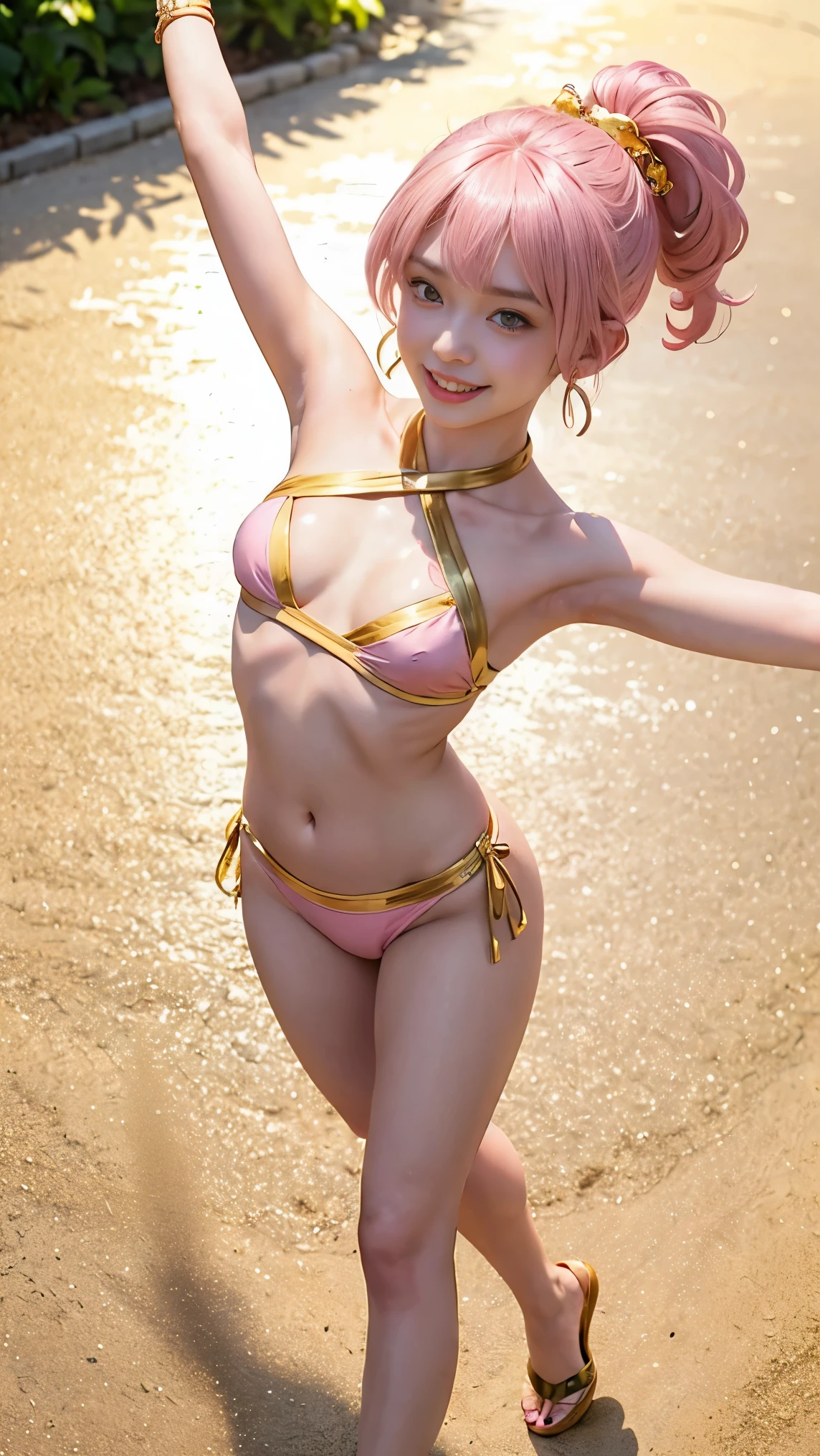 girl, goblin, smile of great joy，beautiful and moving，(((flat chest))),Do a dynamic dance、she is the queen&#39;s golden tiara、wearing a gold bracelet、thin arms、thin waist、slender upper body、thin thighs、thin lower body、ponytail、(((pink hair)))、tropical sandy beach、a dizzying smile、micro bikini、full body shot、A bow tie、wear big gold earrings、wear sandals